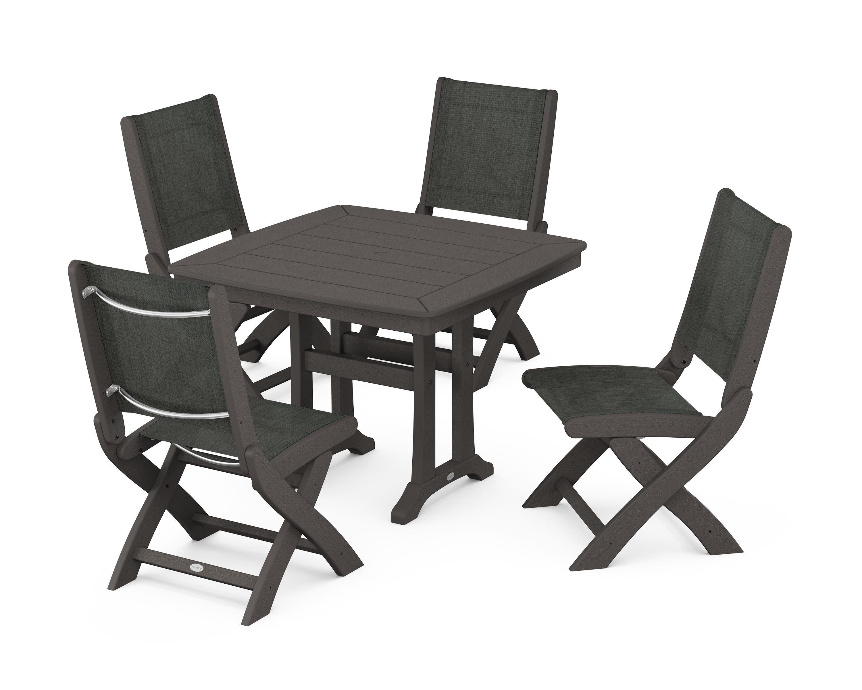 Coastal Folding Side Chair 5-Piece Dining Set with Trestle Legs in Vintage Coffee / Ember Sling