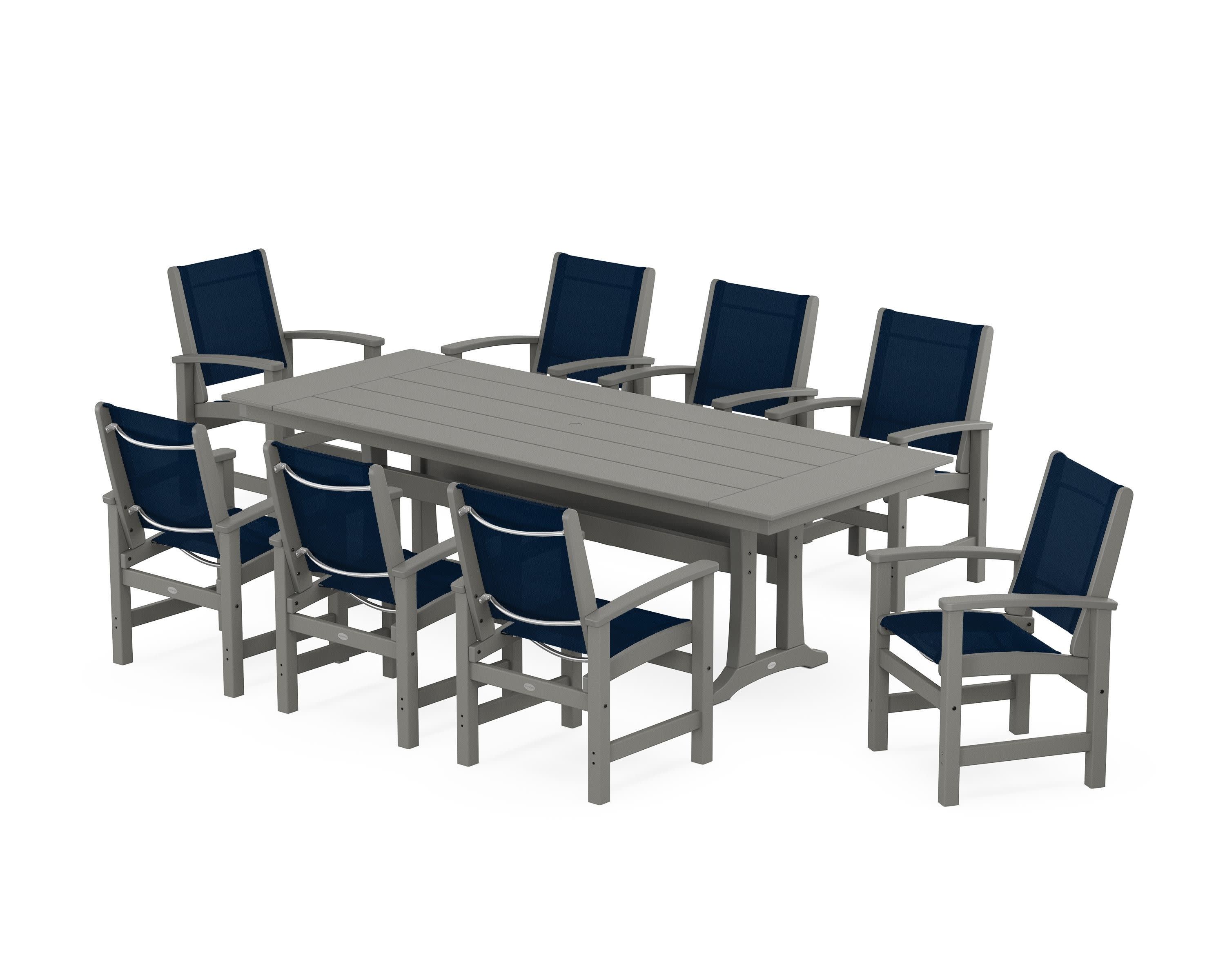 Coastal 9-Piece Farmhouse Dining Set with Trestle Legs in Slate Grey / Navy Blue Sling