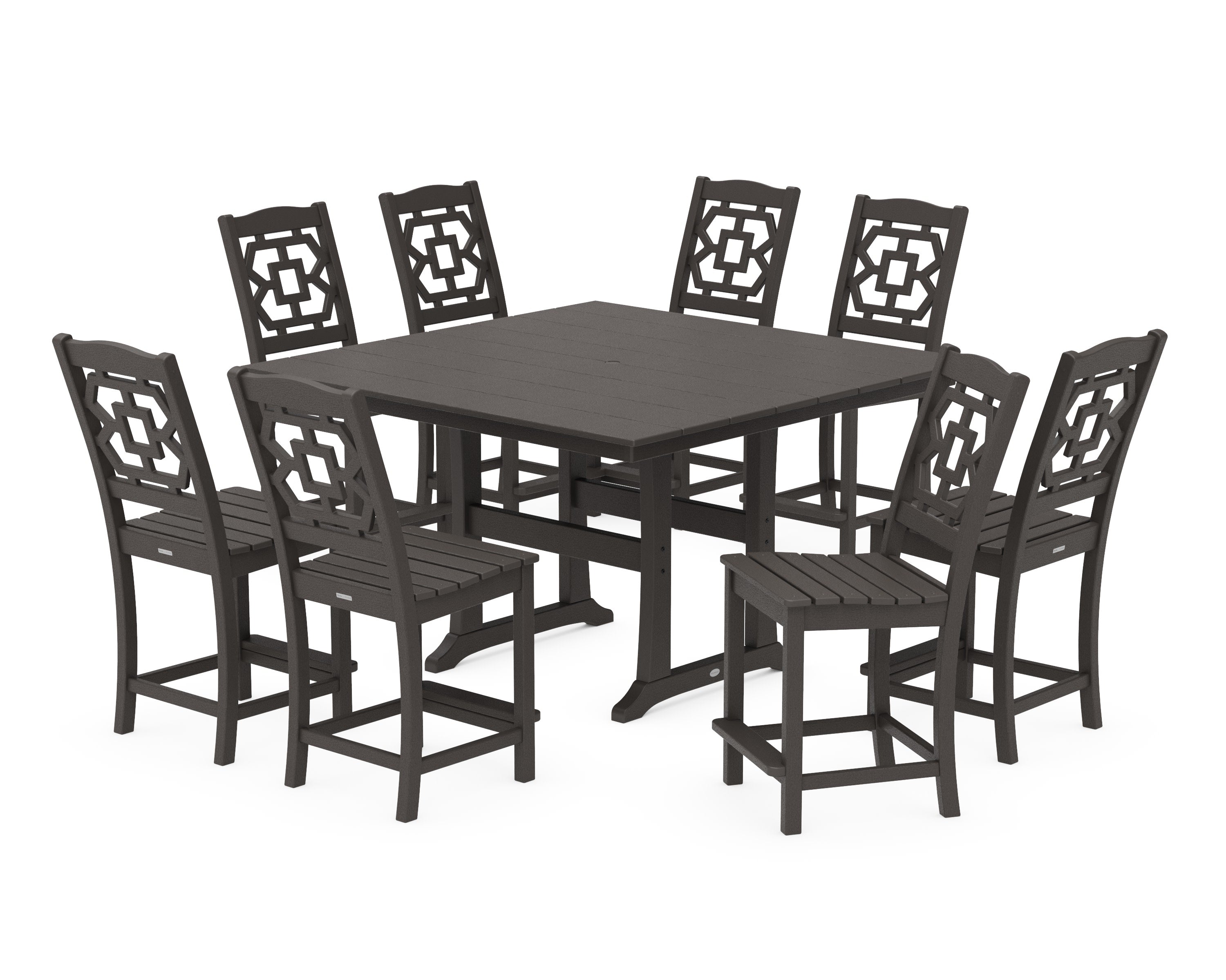 Chinoiserie 9-Piece Square Farmhouse Side Chair Counter Set with Trestle Legs in Vintage Coffee