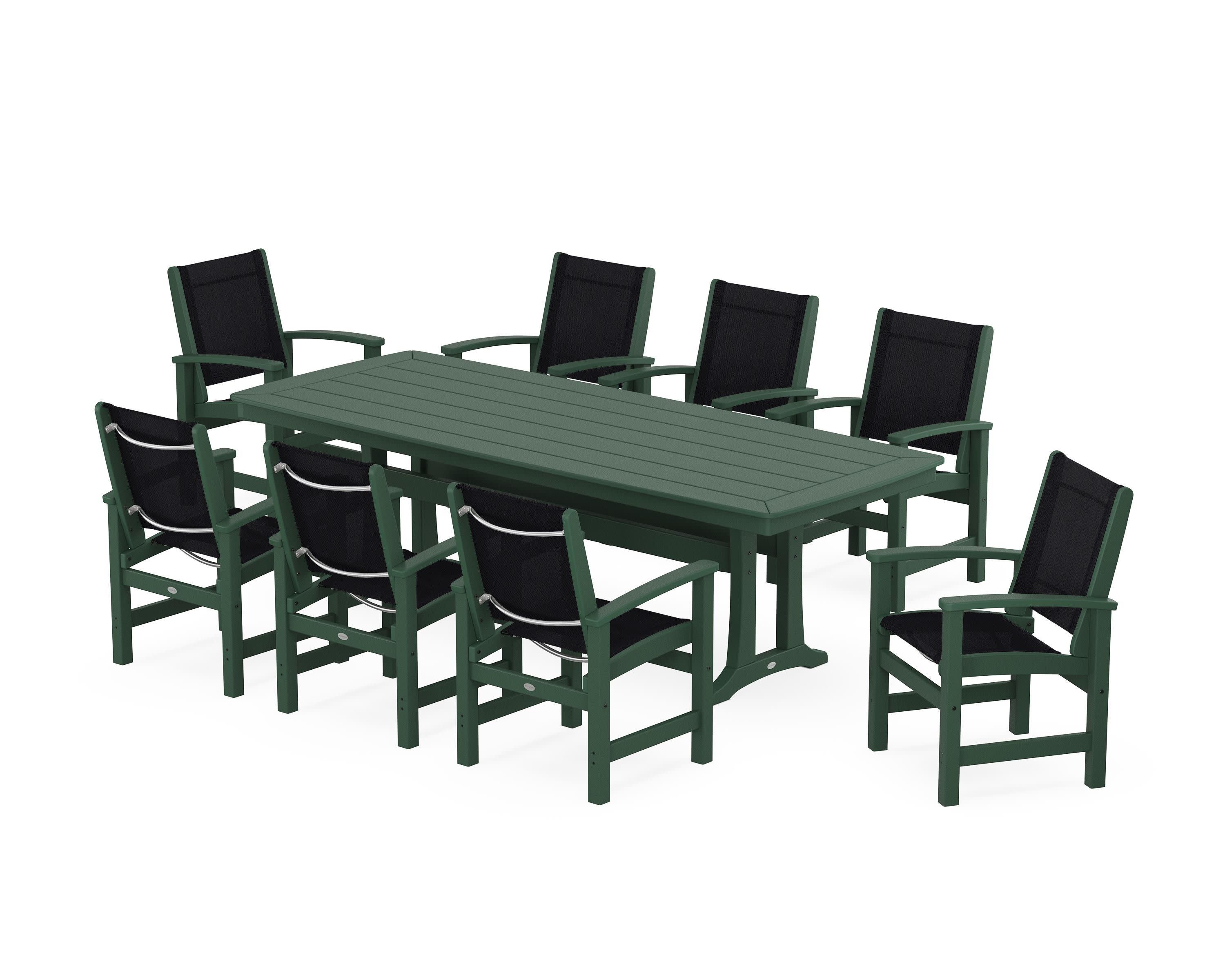 Coastal 9-Piece Dining Set with Trestle Legs in Green / Black Sling
