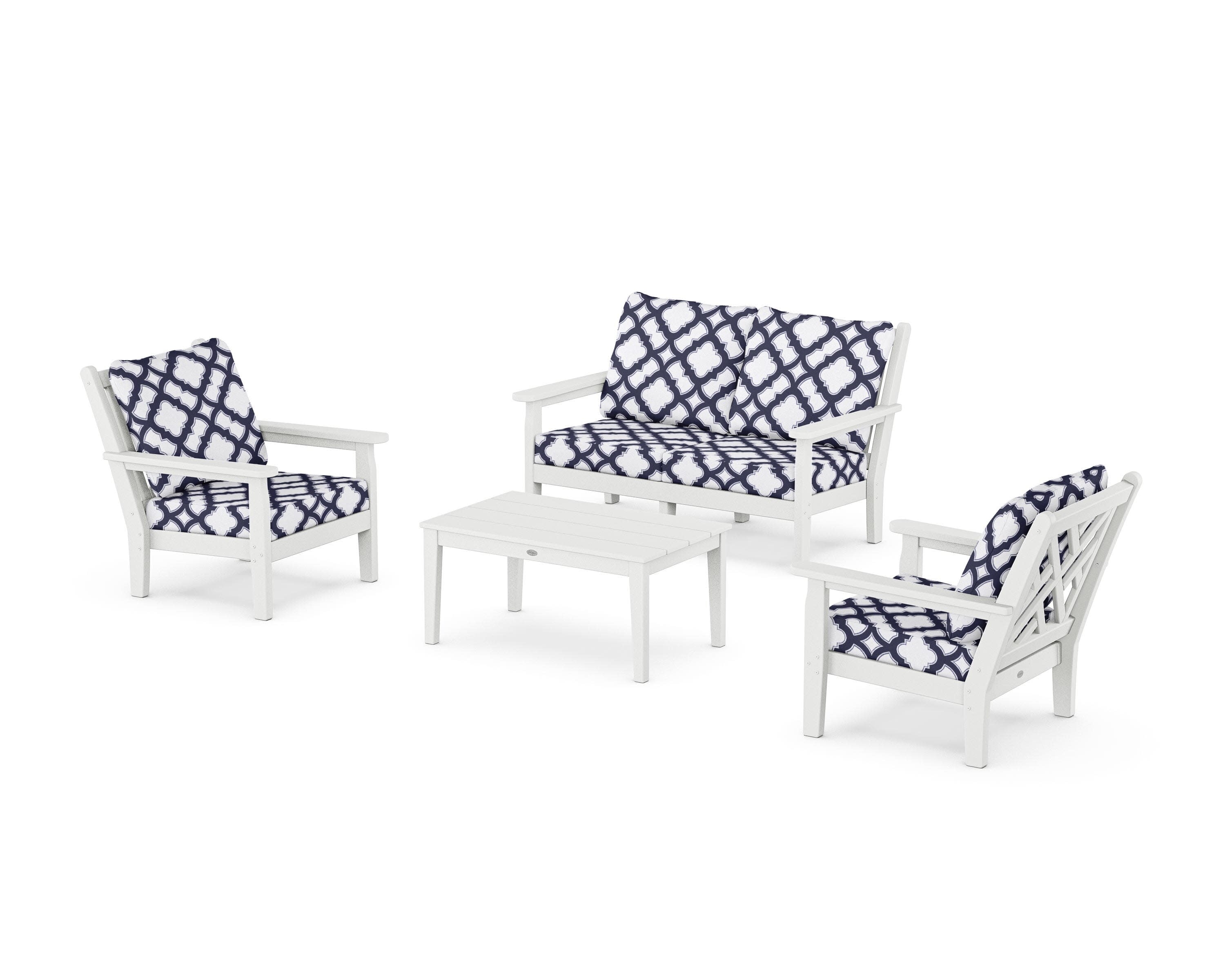 Chippendale 4-Piece Deep Seating Set with Loveseat in White / Trellis Navy