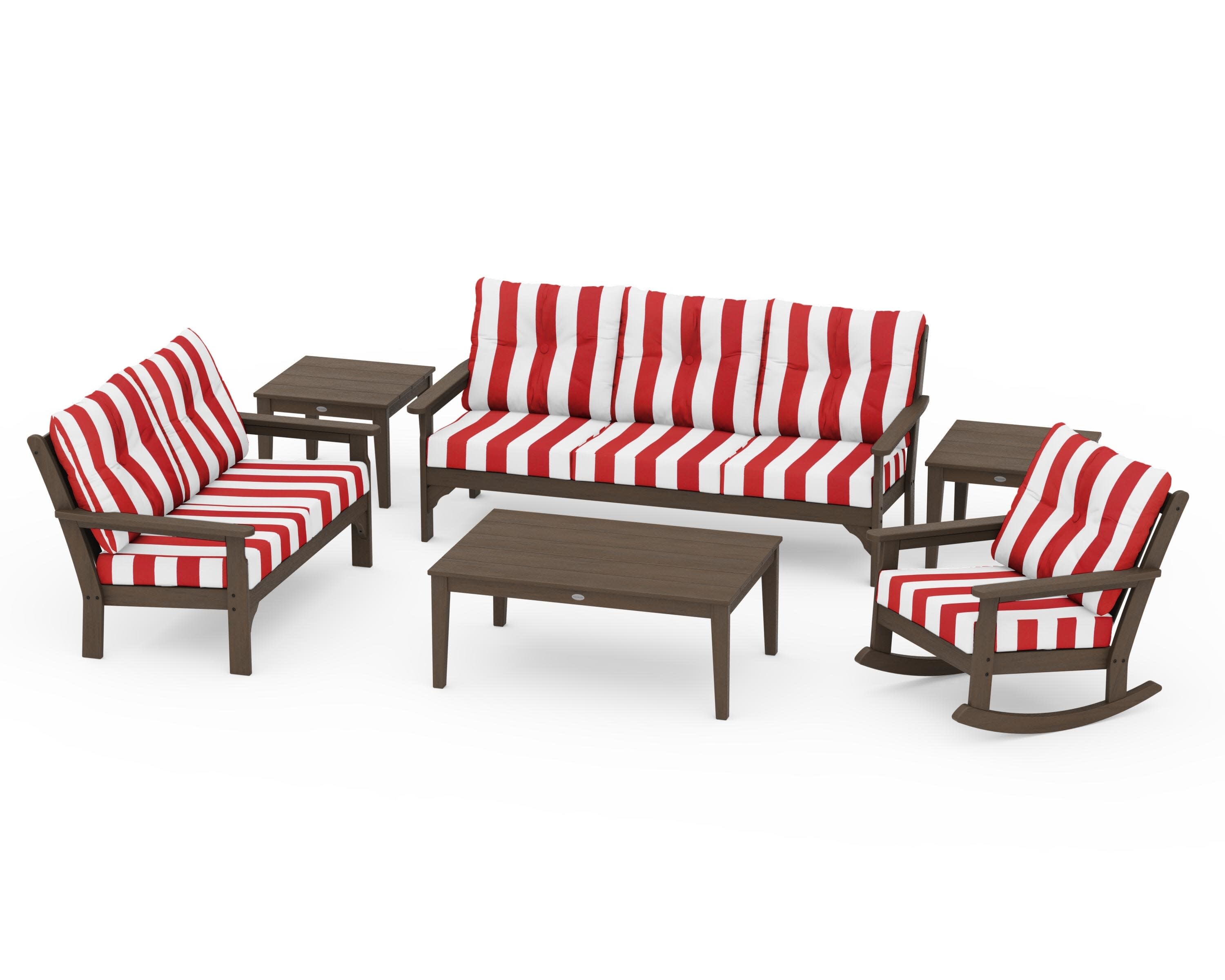 Vineyard 6-Piece Deep Seating Set in Kona / Cabana Stripe Crimson