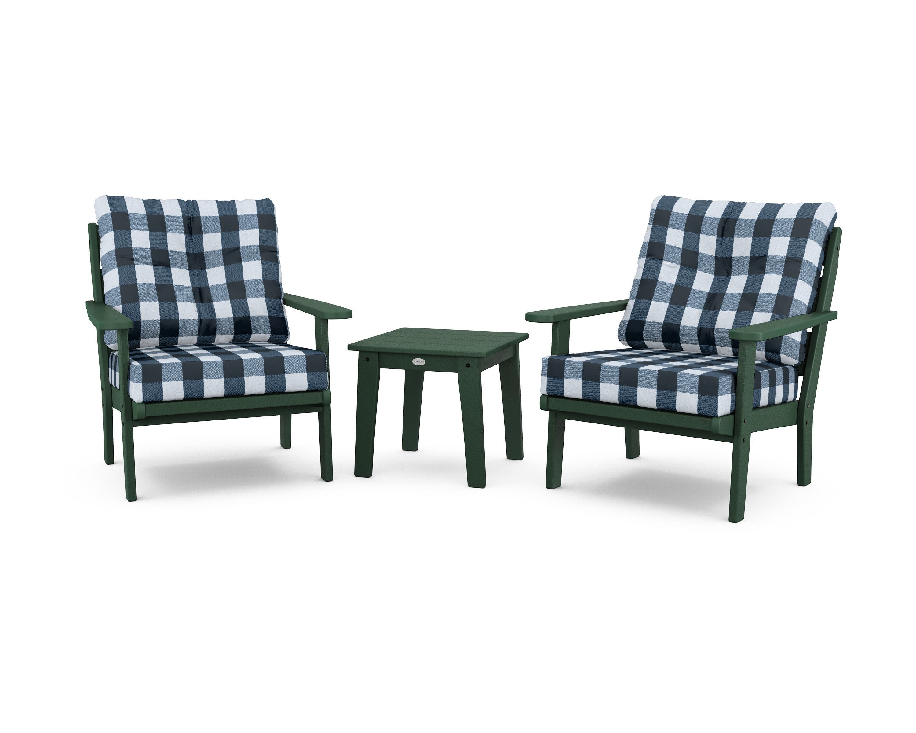 Lakeside 3-Piece Deep Seating Chair Set in Green / Buffalo Plaid Marine Indigo