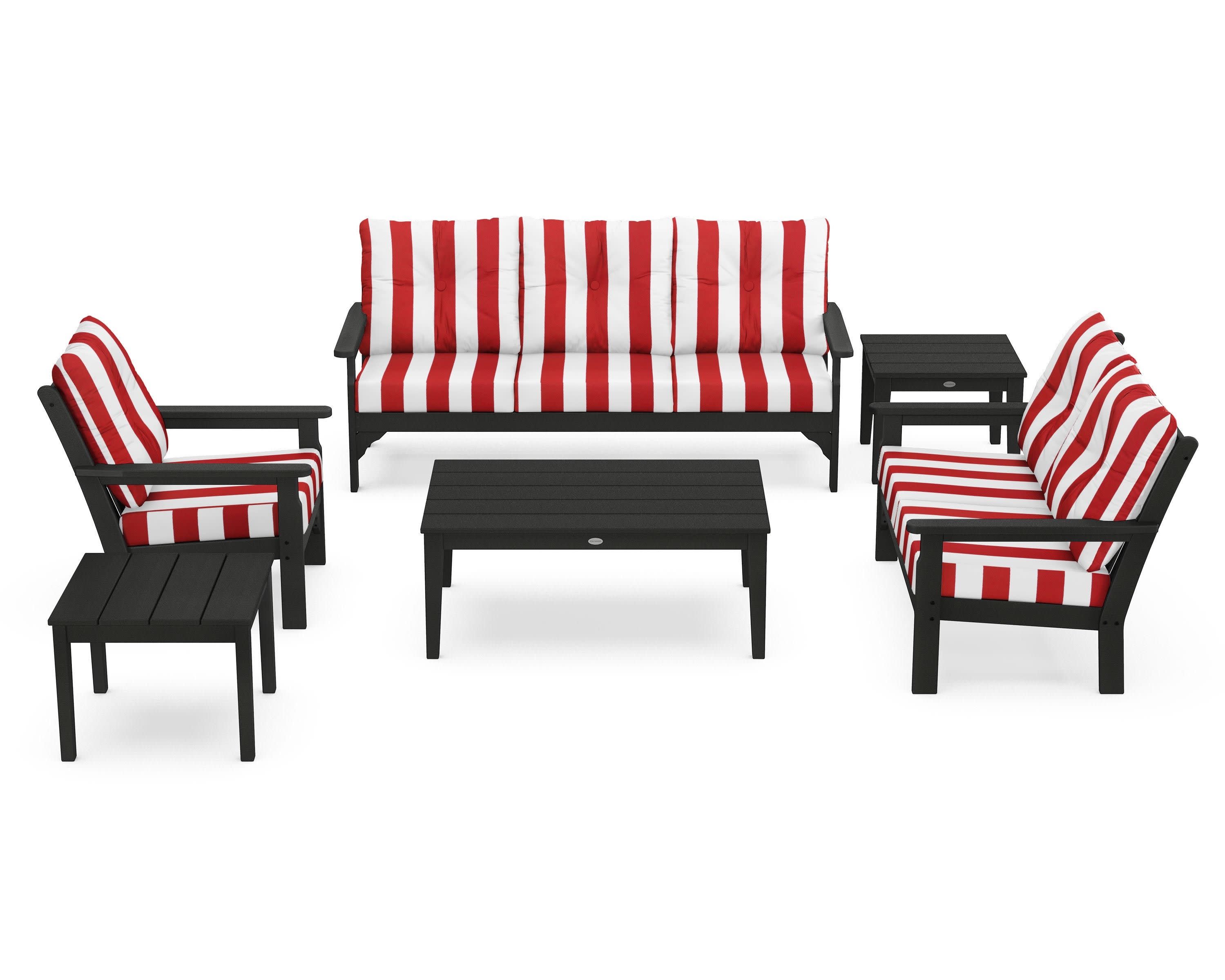 Vineyard 6-Piece Deep Seating Set in Black / Cabana Stripe Crimson