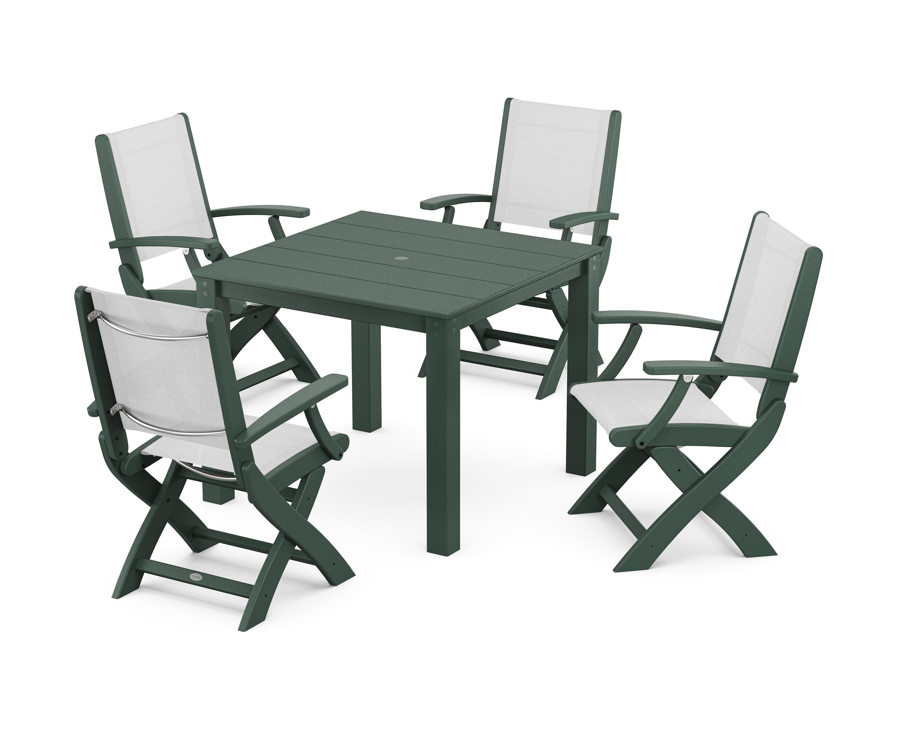 Coastal Folding Chair 5-Piece Parsons Dining Set in Green / White Sling