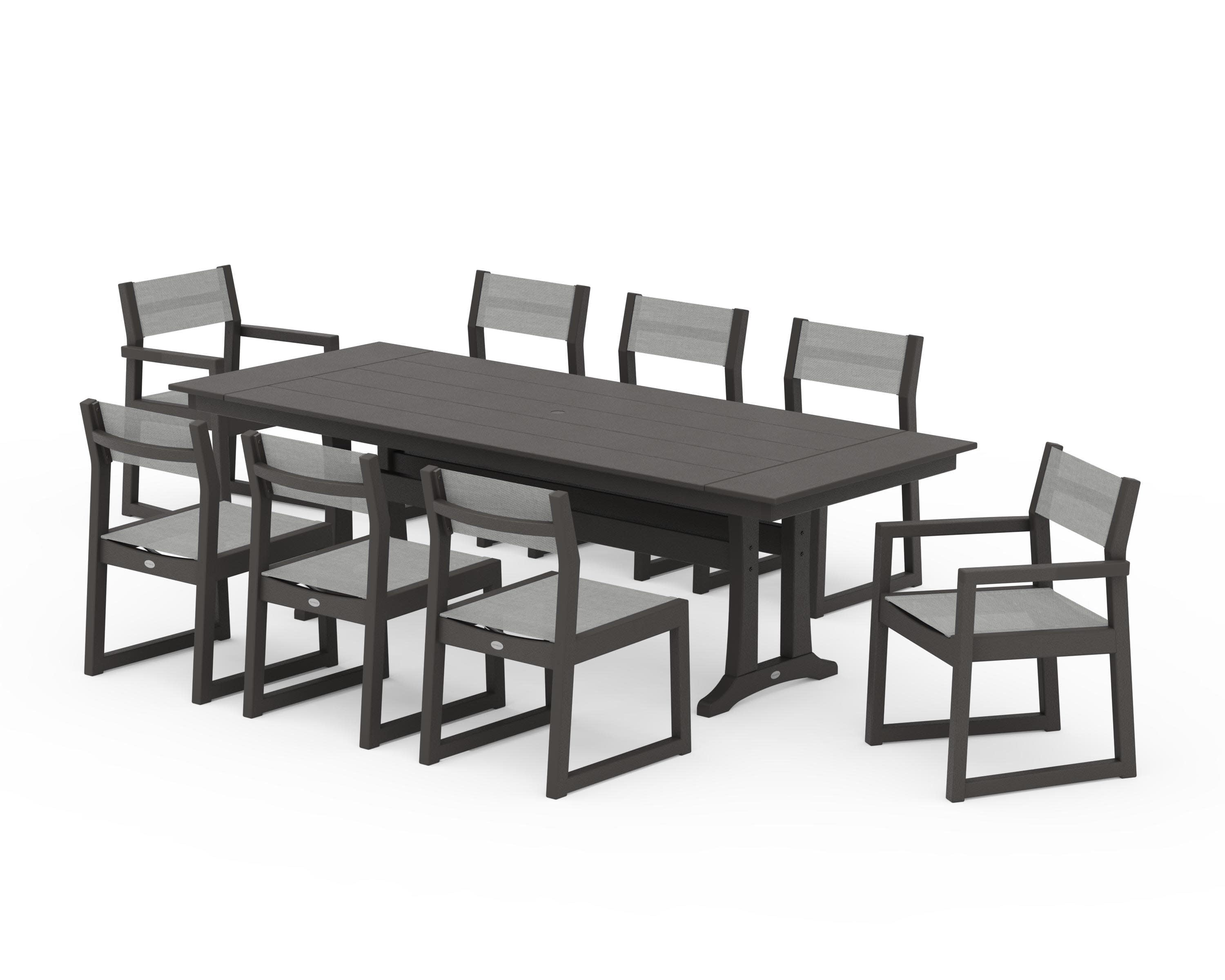 EDGE Sling 9-Piece Farmhouse Trestle Dining Set in Vintage Coffee / Metallic Sling