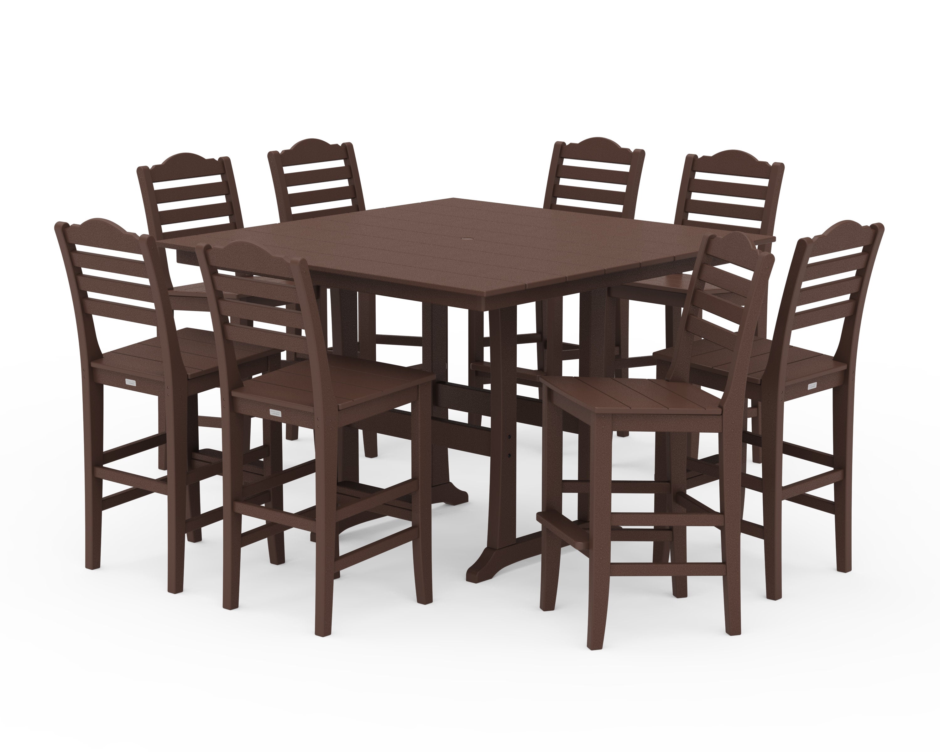 Savannah Side Chair 9-Piece Square Farmhouse Bar Set with Trestle Legs in Mahogany