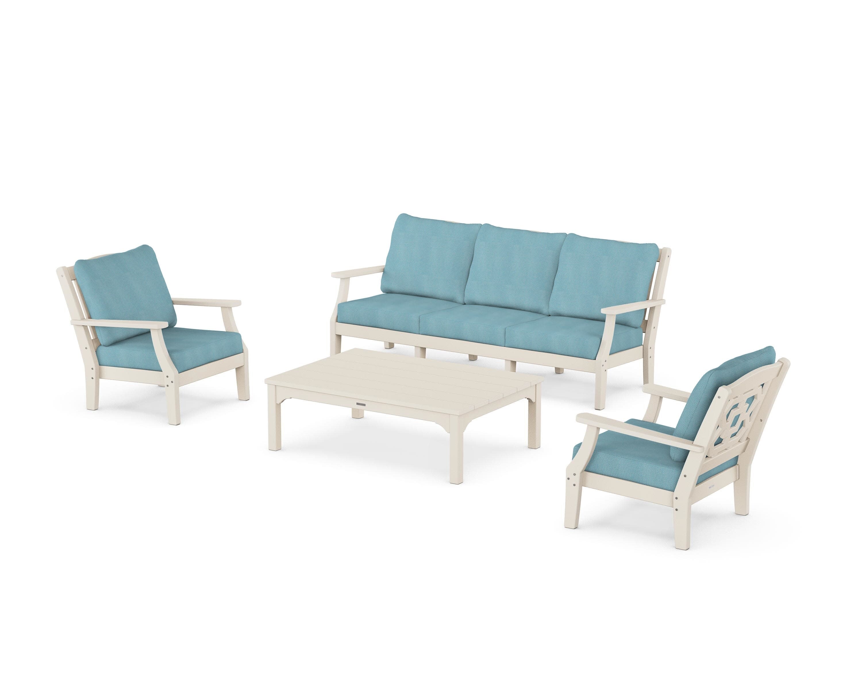 Chinoiserie 4-Piece Deep Seating Set with Sofa in Sand / Lattice Sky Blue