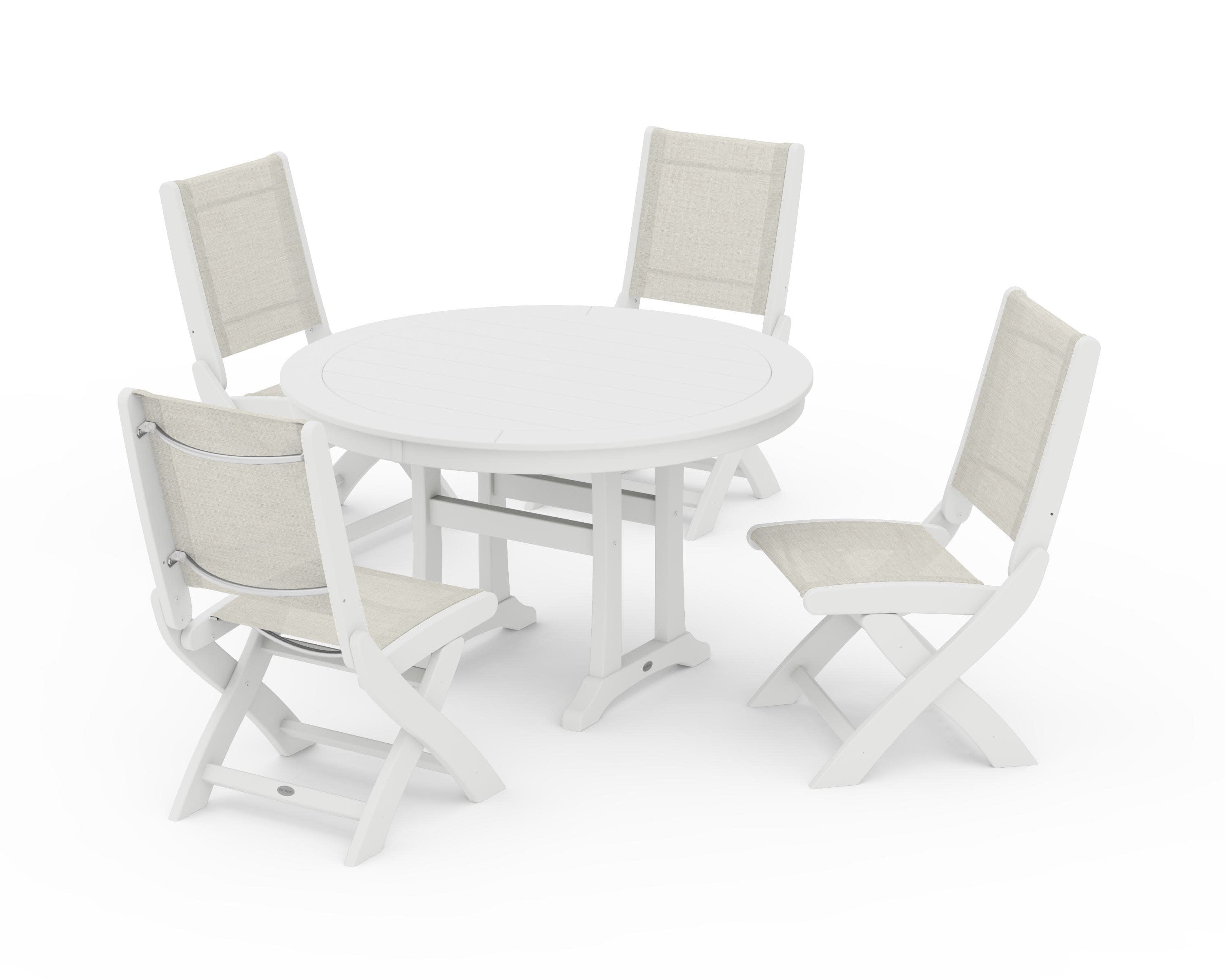 Coastal Folding Side Chair 5-Piece Round Dining Set With Trestle Legs in White / Parchment Sling