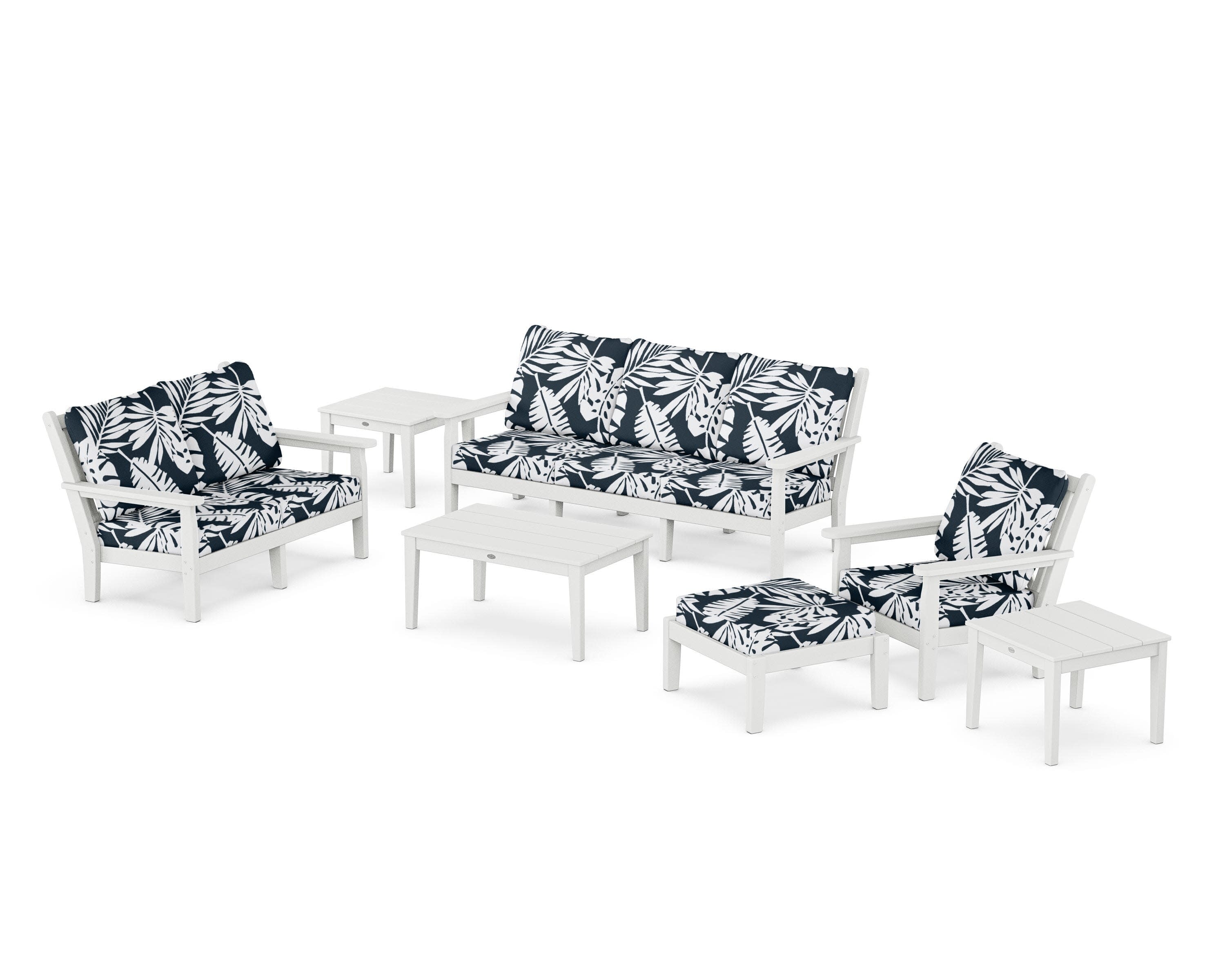 Chippendale 7-Piece Deep Seating Set in White / Leaf Marine Indigo