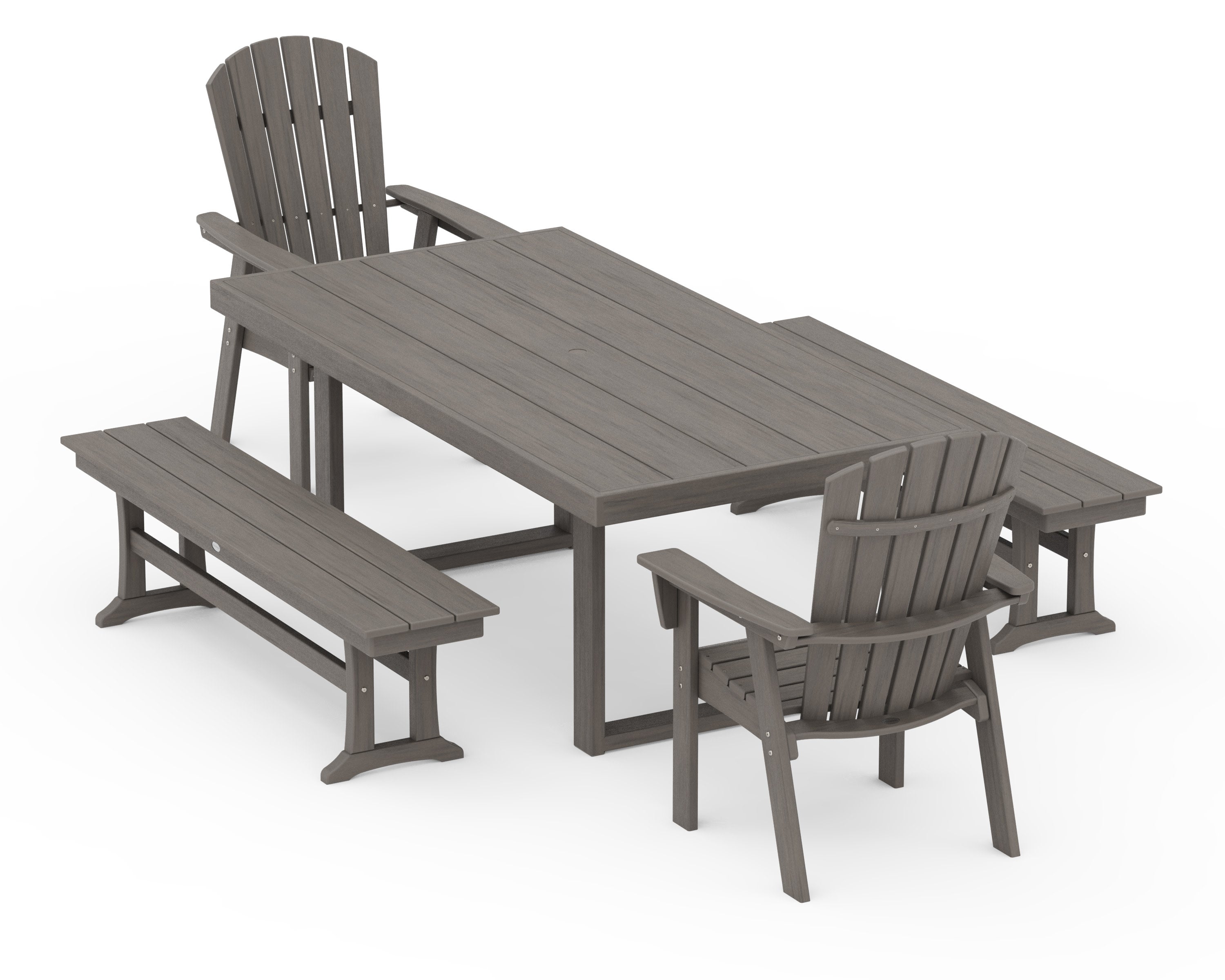 Nautical Curveback Adirondack 5-Piece Dining Set with Benches in Driftwood