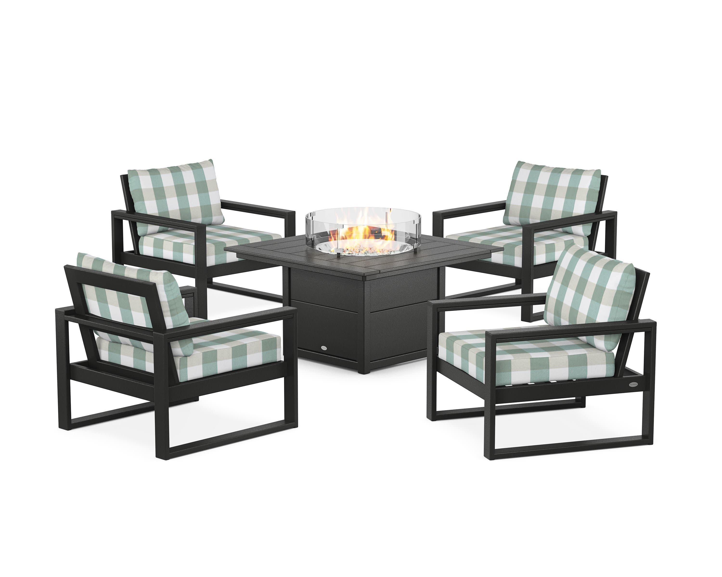 EDGE Sectional 5-Piece Deep Seating Set with Fire Pit Table in Black / Buffalo Plaid Glacier Spa