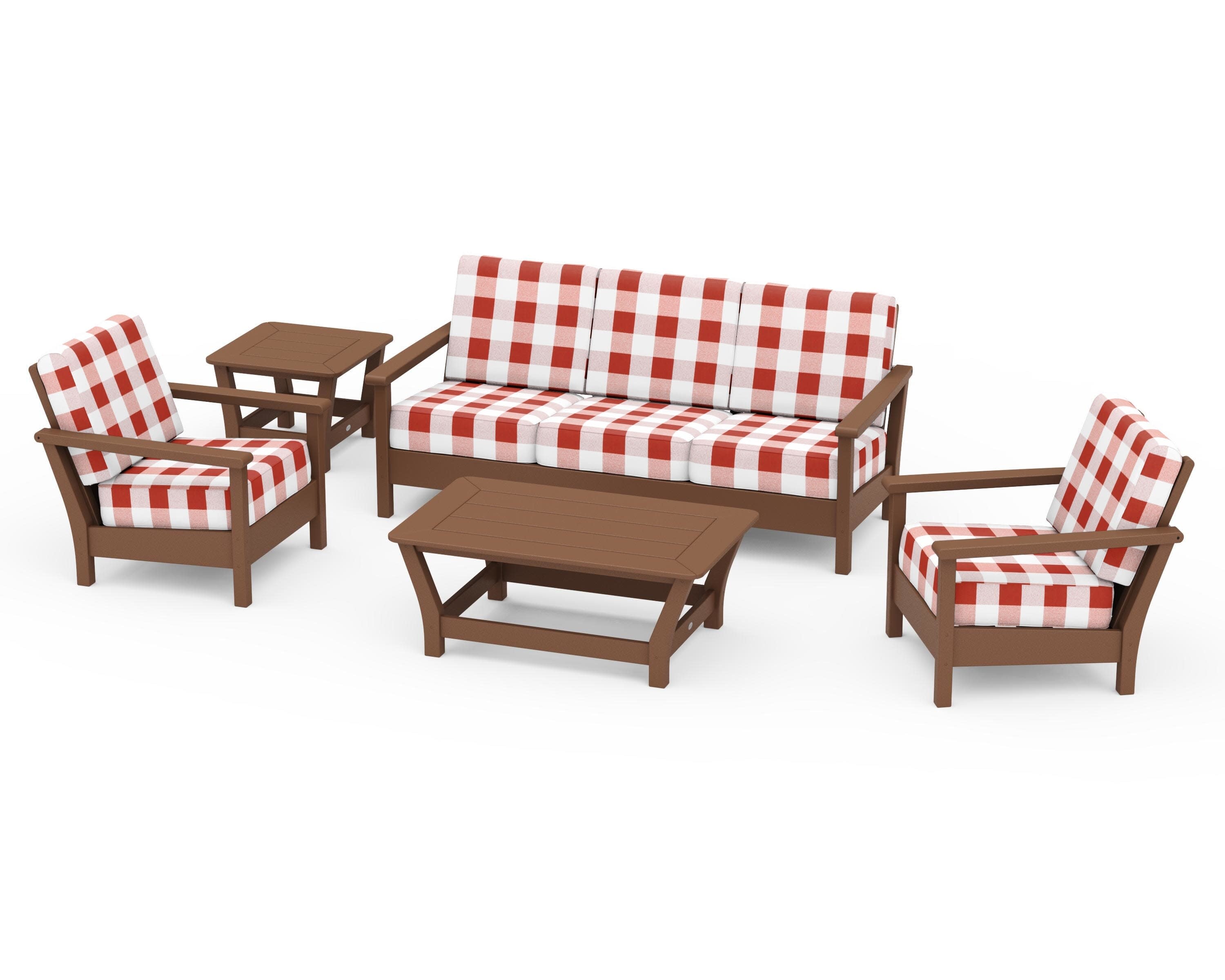 Harbour 5-Piece Deep Seating Set in Teak / Buffalo Plaid Crimson