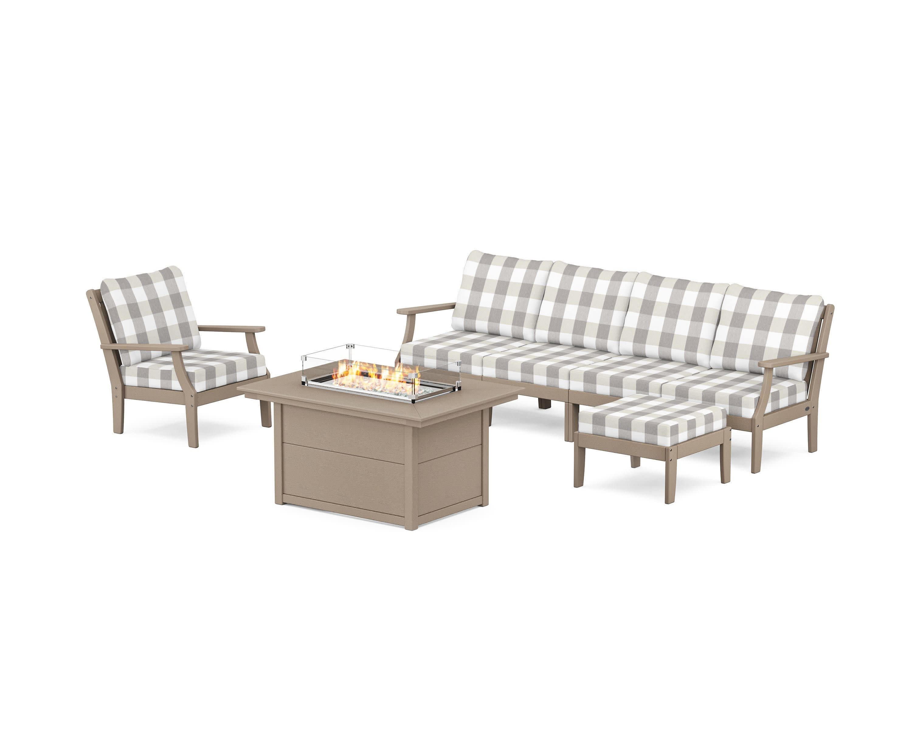 Braxton Sectional Lounge and Fire Pit Set in Vintage Sahara / Buffalo Plaid Grey Mist