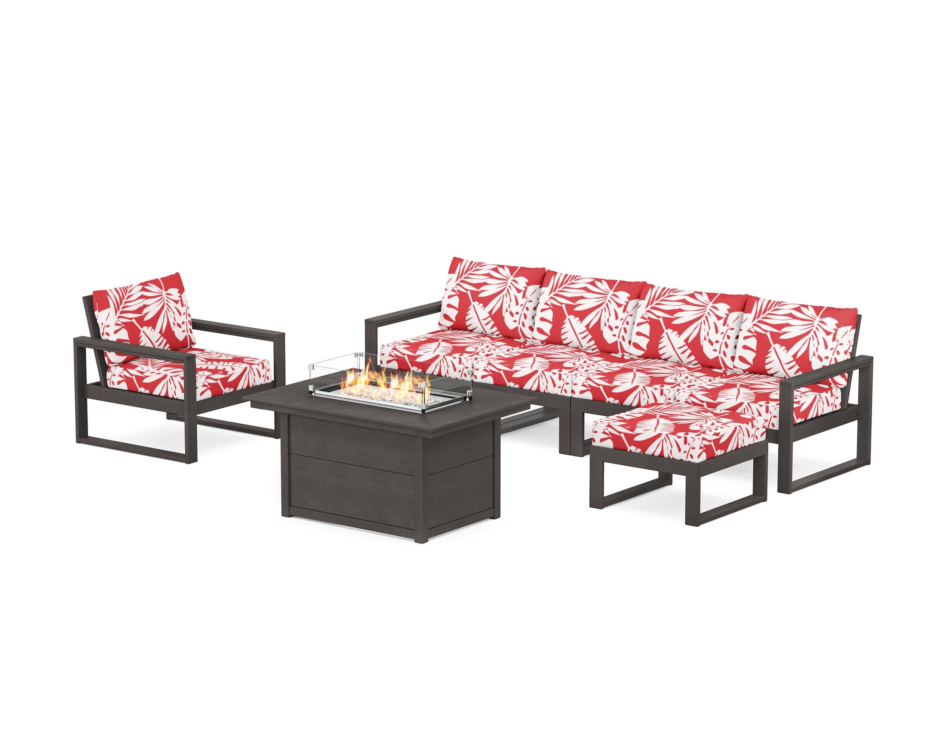 EDGE Sectional Lounge and Fire Pit Set in Vintage Coffee / Leaf Crimson