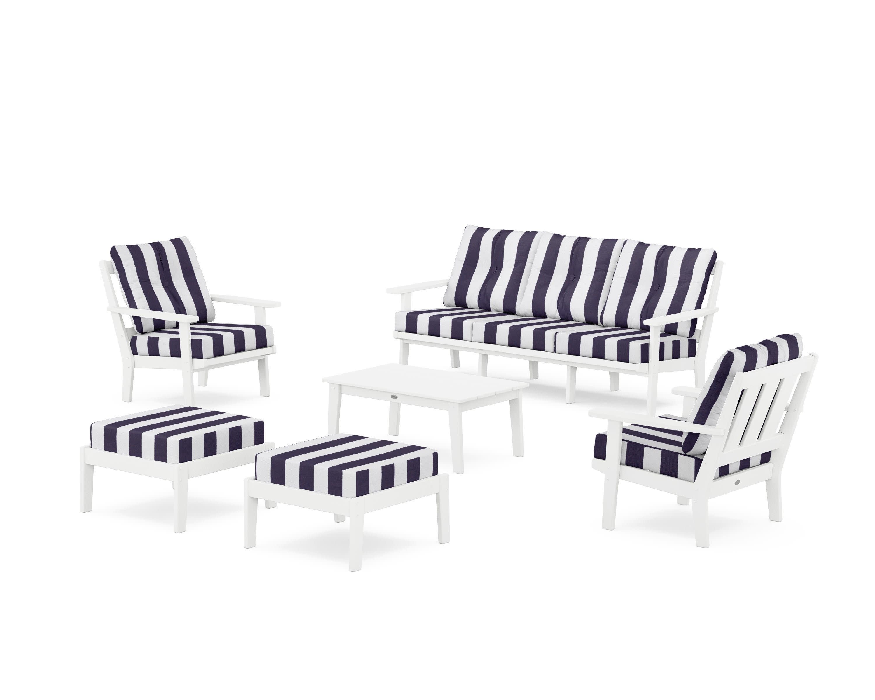 Oxford 6-Piece Lounge Sofa Set in White / Cabana Stripe Navy
