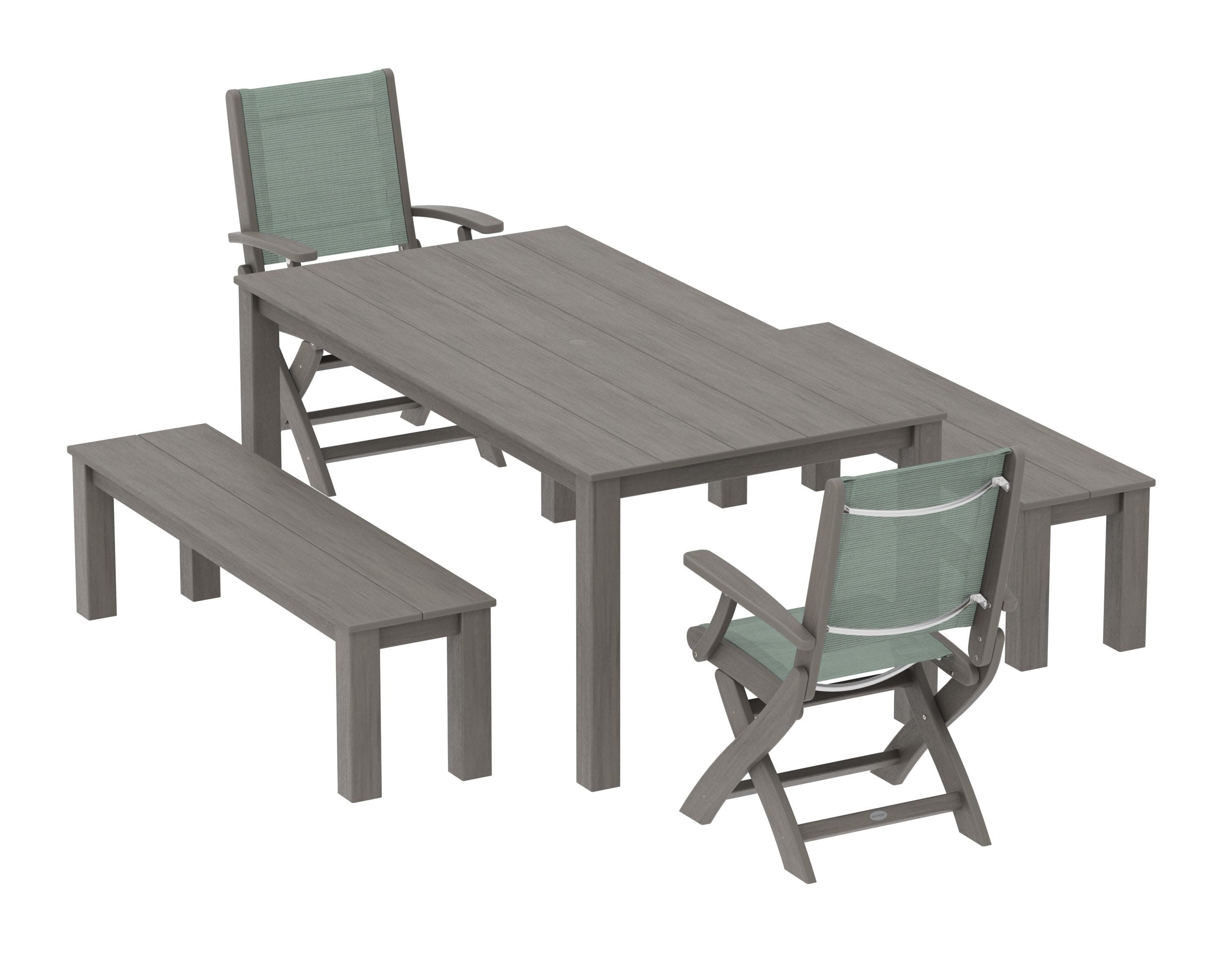 Coastal Folding Chair 5-Piece Parsons Dining Set with Benches in Driftwood / Dupioni Sea Mist Sling