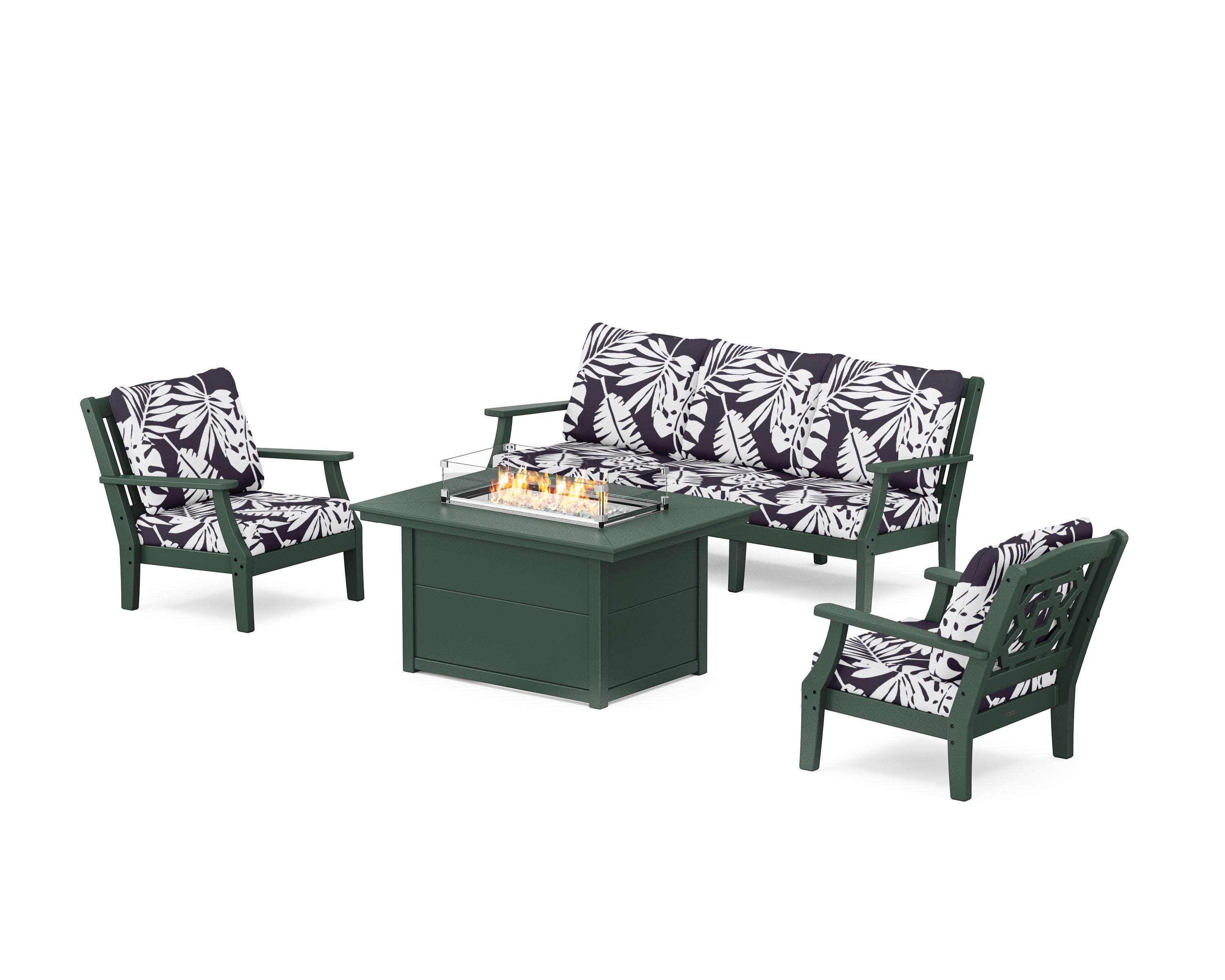Chinoiserie Deep Seating Fire Pit Table Set in Green / Leaf Navy