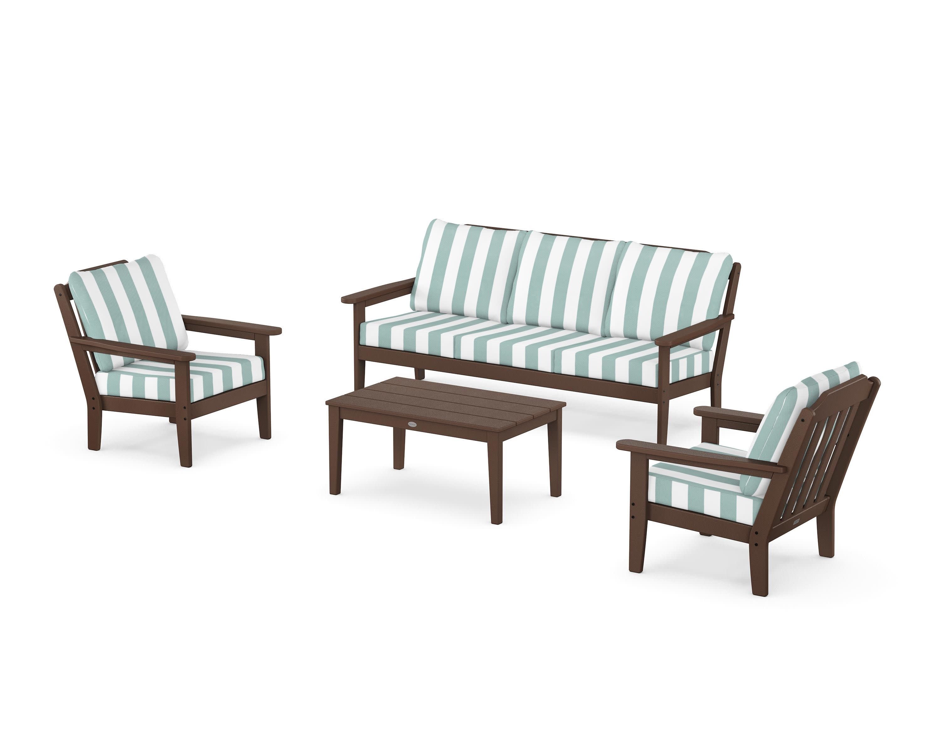 Cottage 4-Piece Deep Seating Set with Sofa in Mahogany / Cabana Stripe Glacier Spa