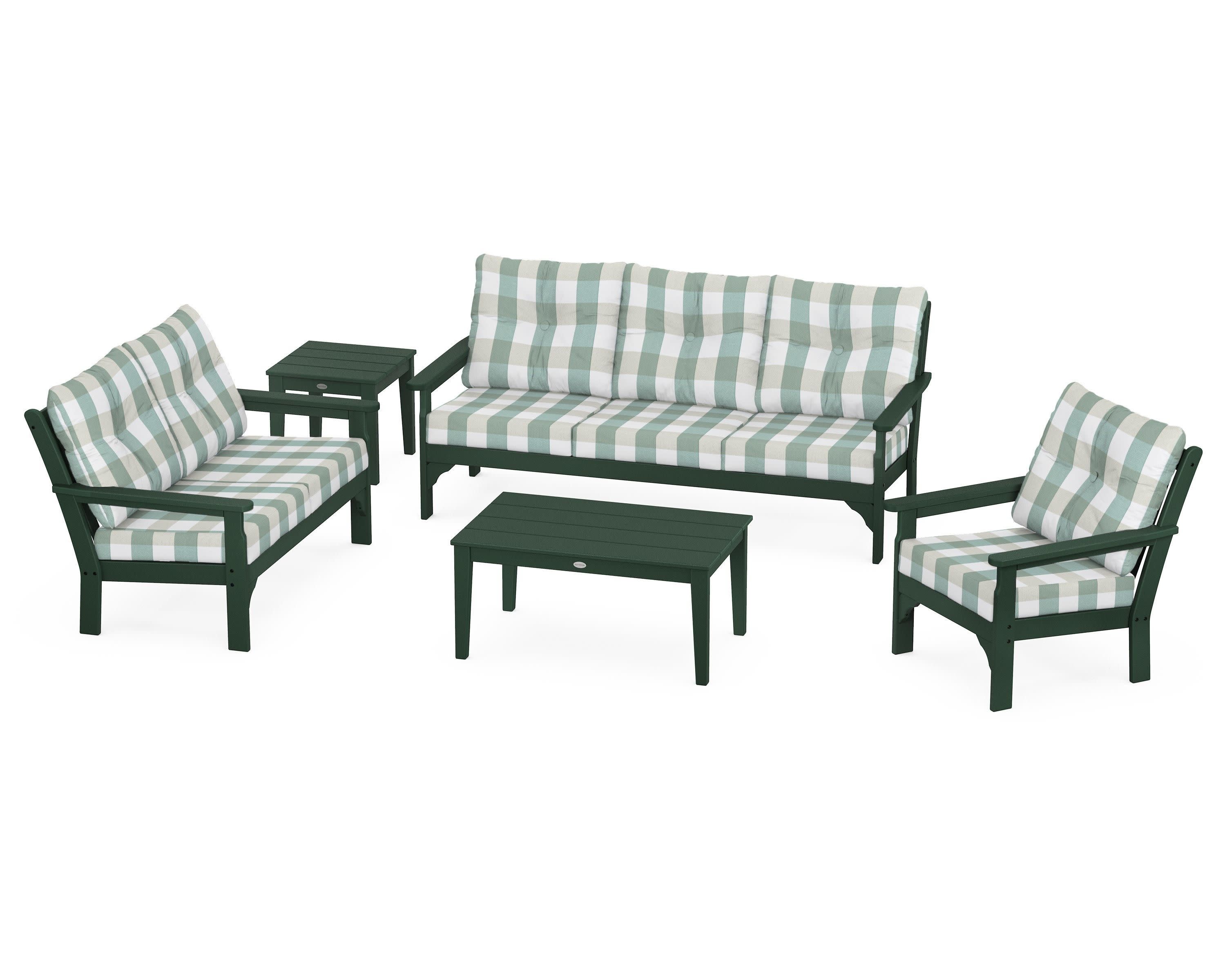 Vineyard 5 Piece Deep Seating Set in Green / Buffalo Plaid Glacier Spa