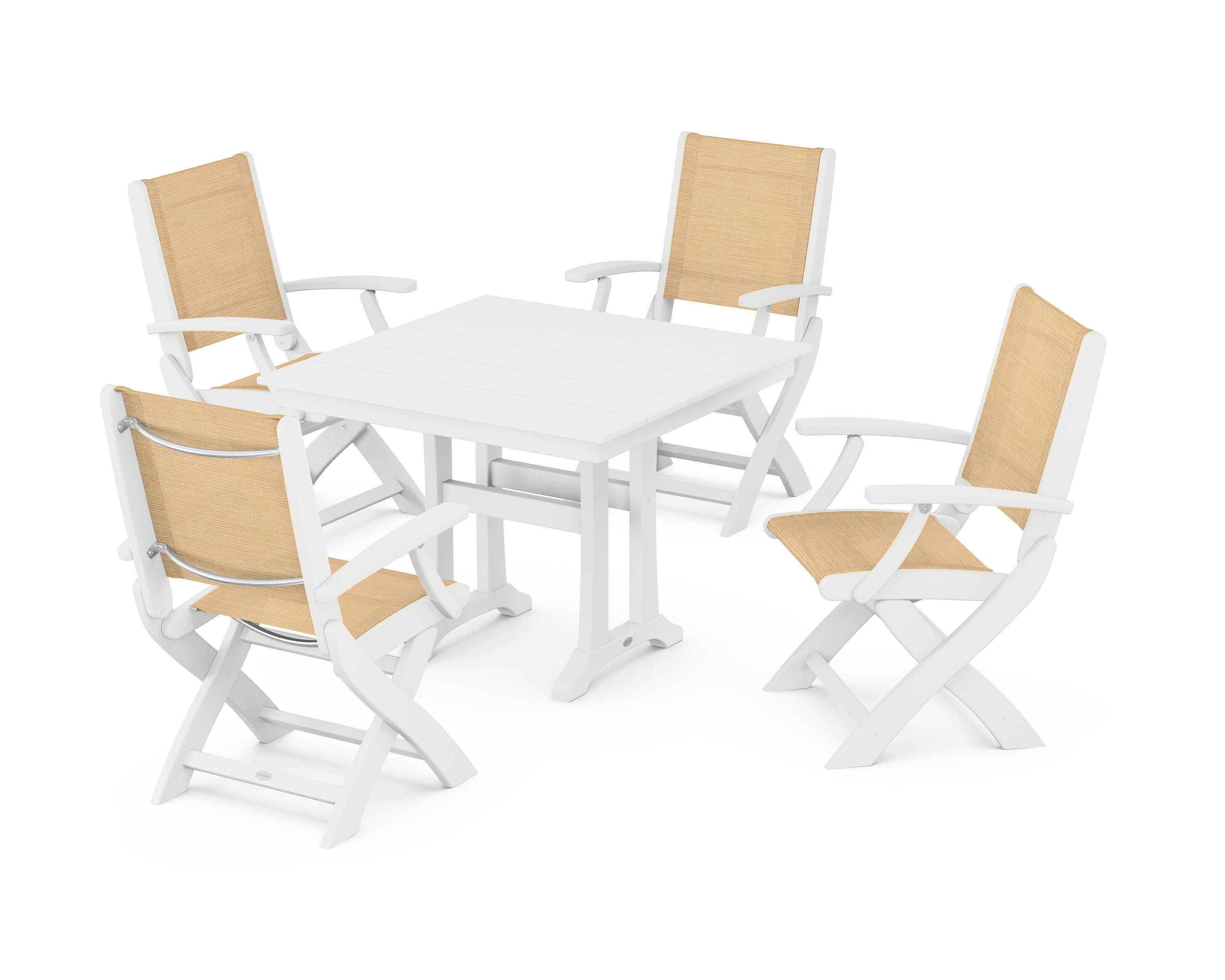 Coastal Folding Chair 5-Piece Farmhouse Dining Set With Trestle Legs in White / Dupioni Apricot Sling