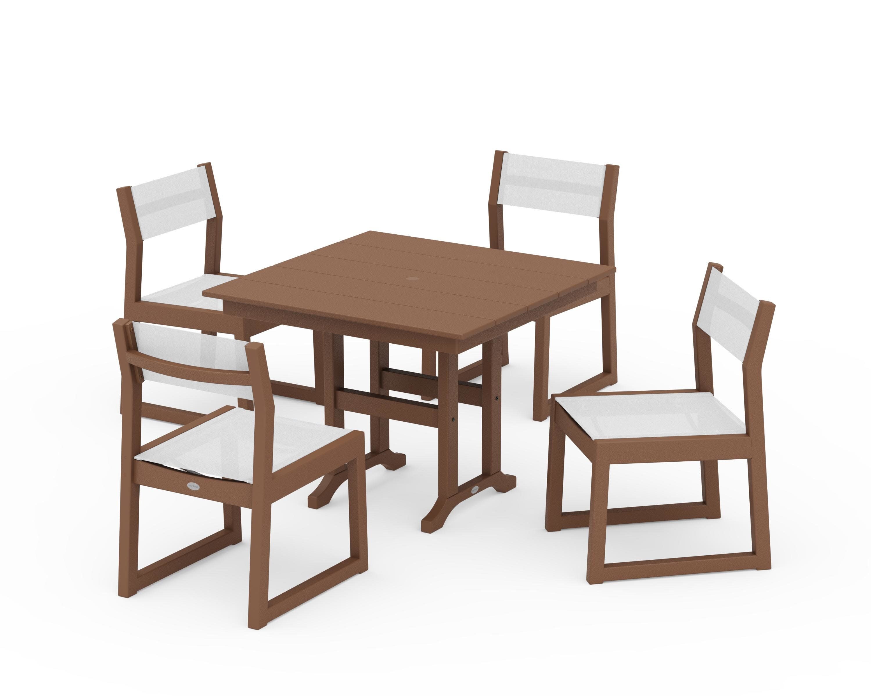 EDGE Sling Side Chair 5-Piece Farmhouse Dining Set in Teak / White Sling