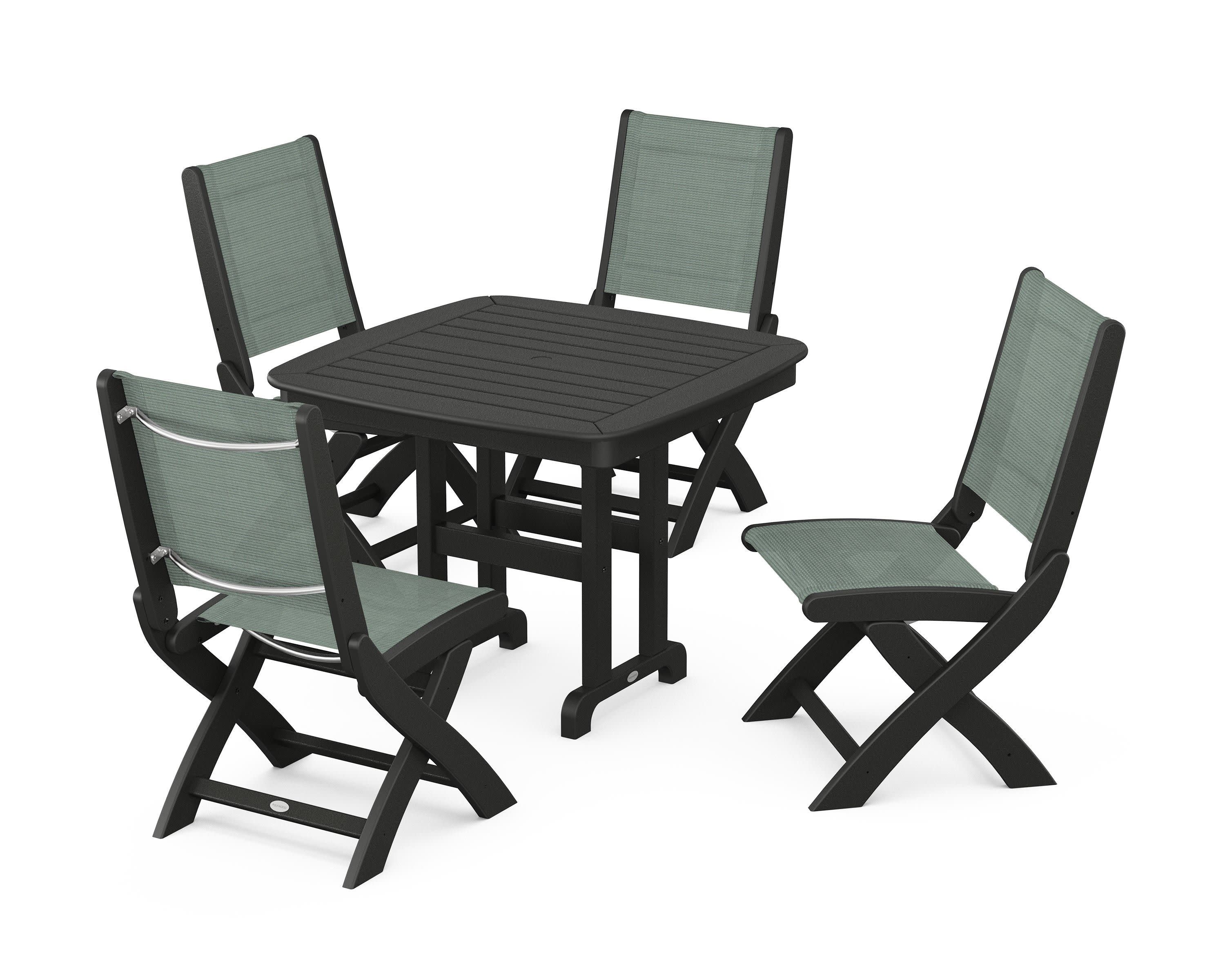 Coastal Folding Side Chair 5-Piece Dining Set in Black / Dupioni Sea Mist Sling