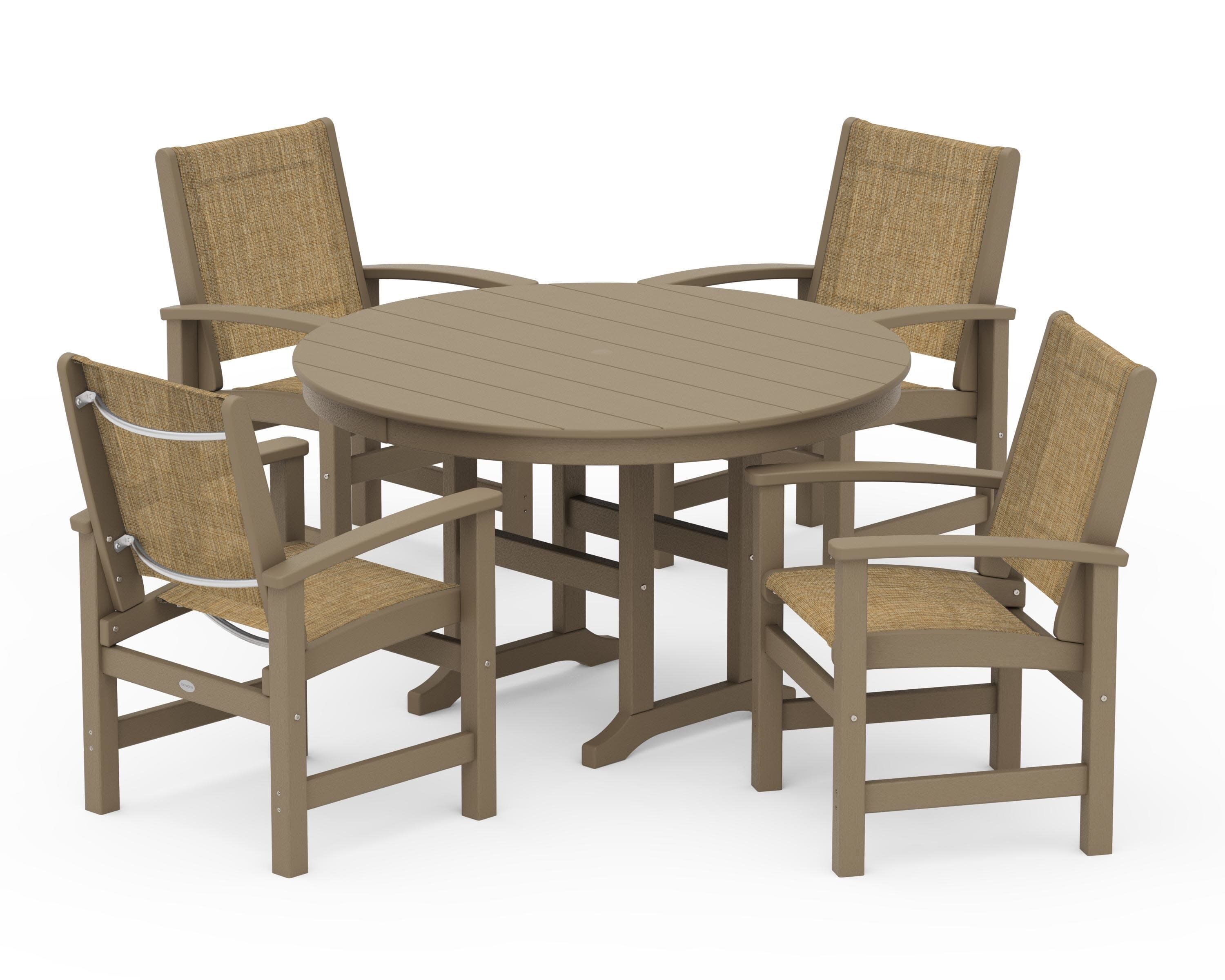 Coastal 5-Piece Round Farmhouse Dining Set in Vintage Sahara / Burlap Sling