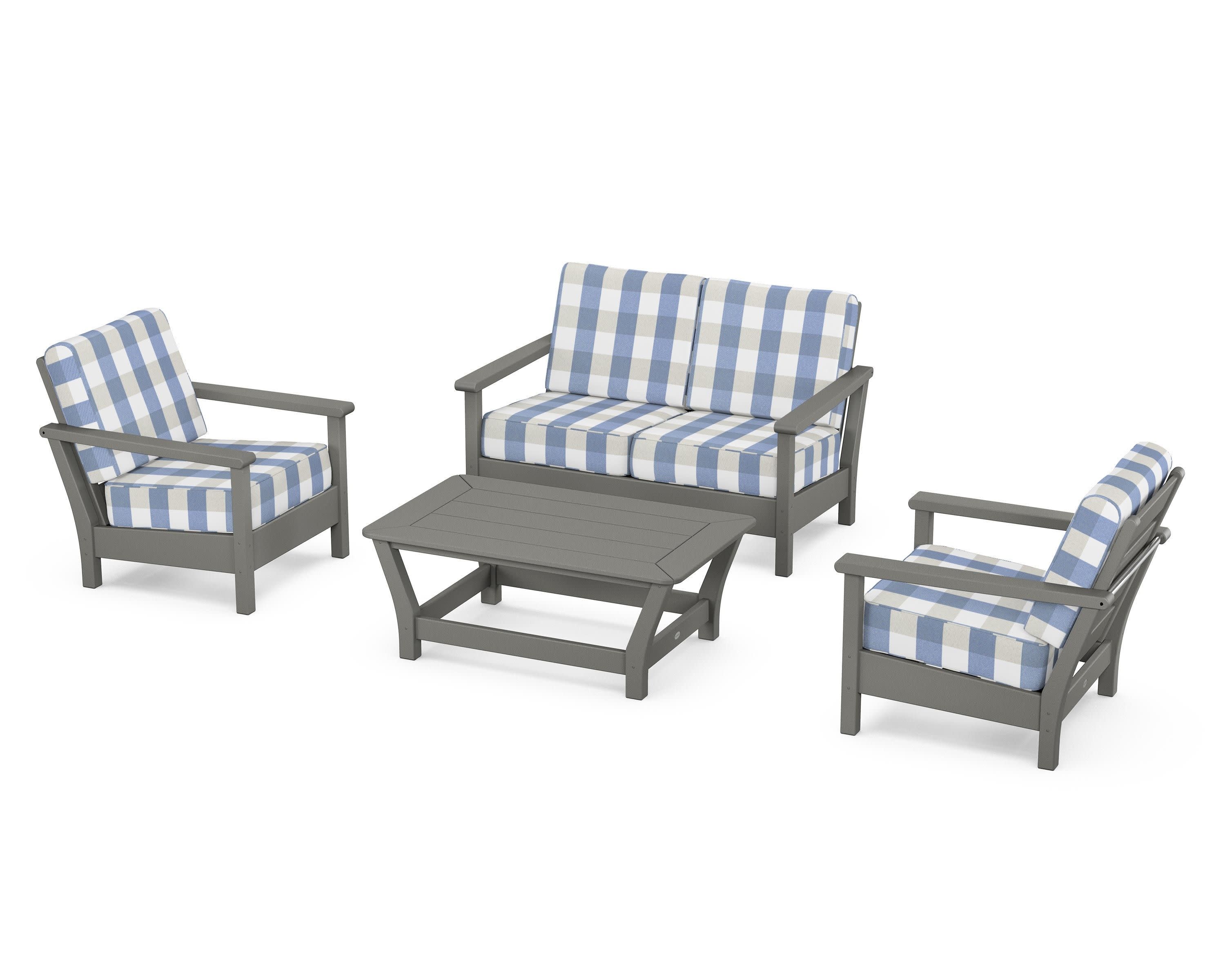 Harbour 4-Piece Deep Seating Set in Slate Grey / Buffalo Plaid Sky Blue