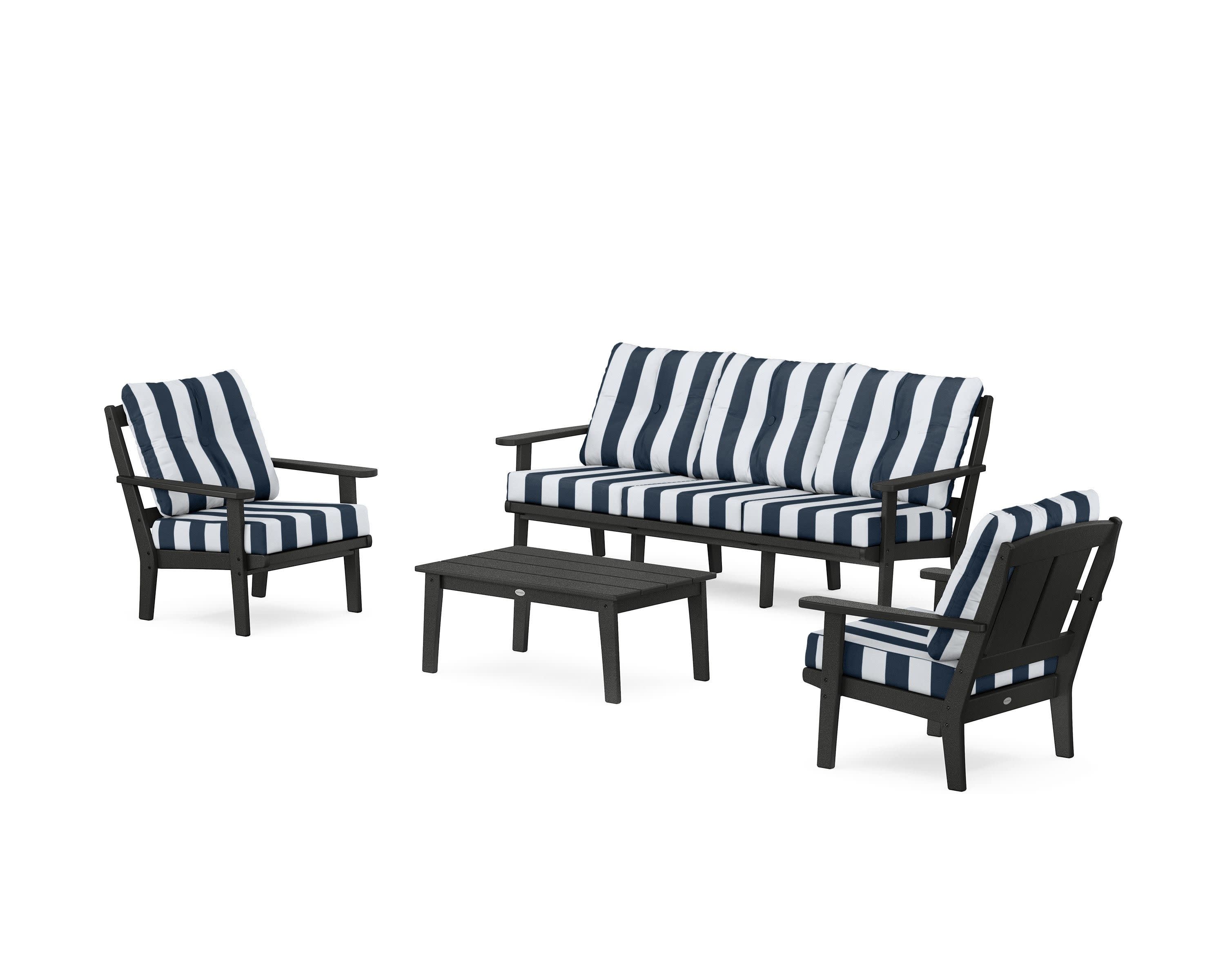 Mission 4-Piece Deep Seating Set with Sofa in Black / Cabana Stripe Marine Indigo