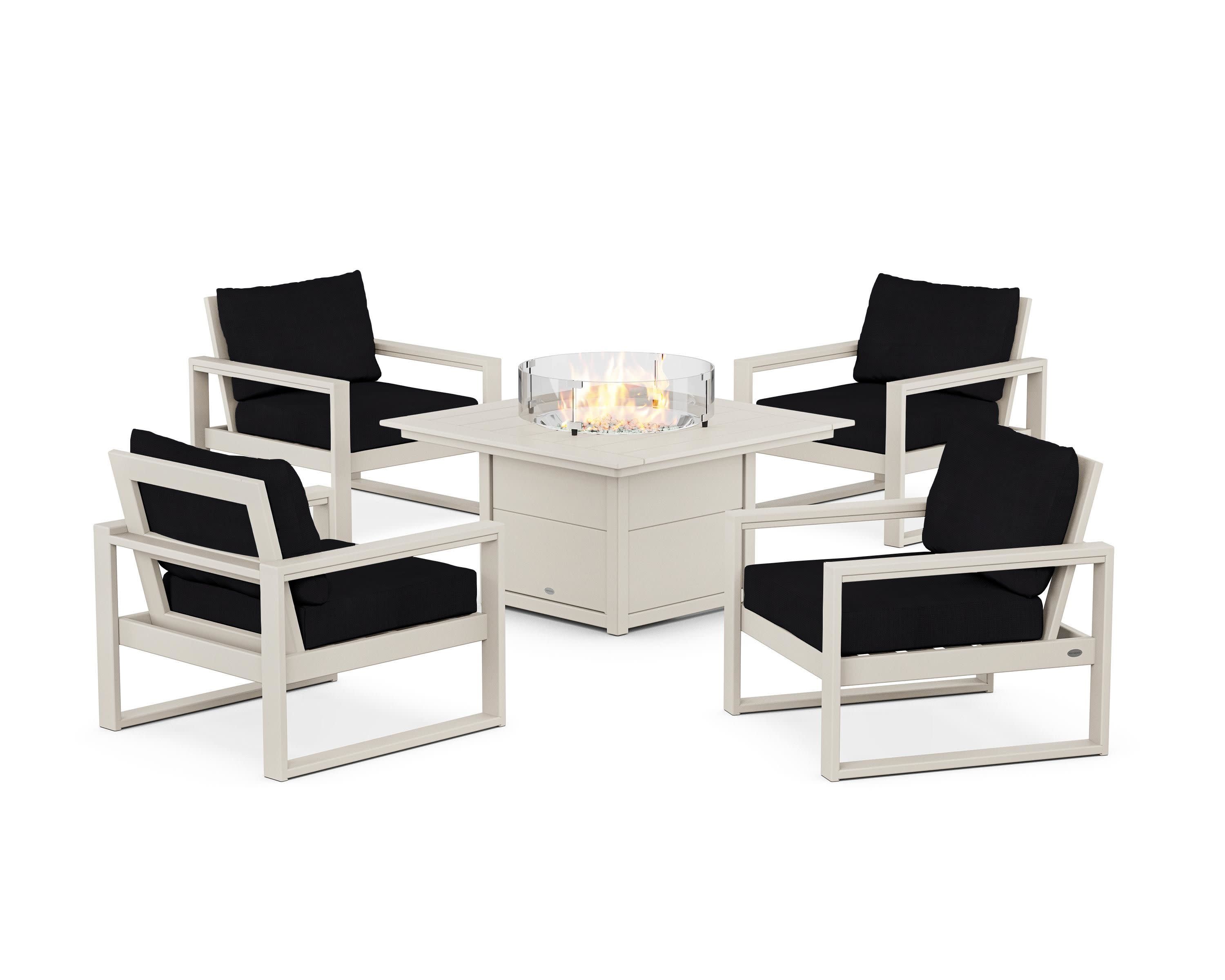 EDGE Sectional 5-Piece Deep Seating Set with Fire Pit Table in Sand / Midnight Linen