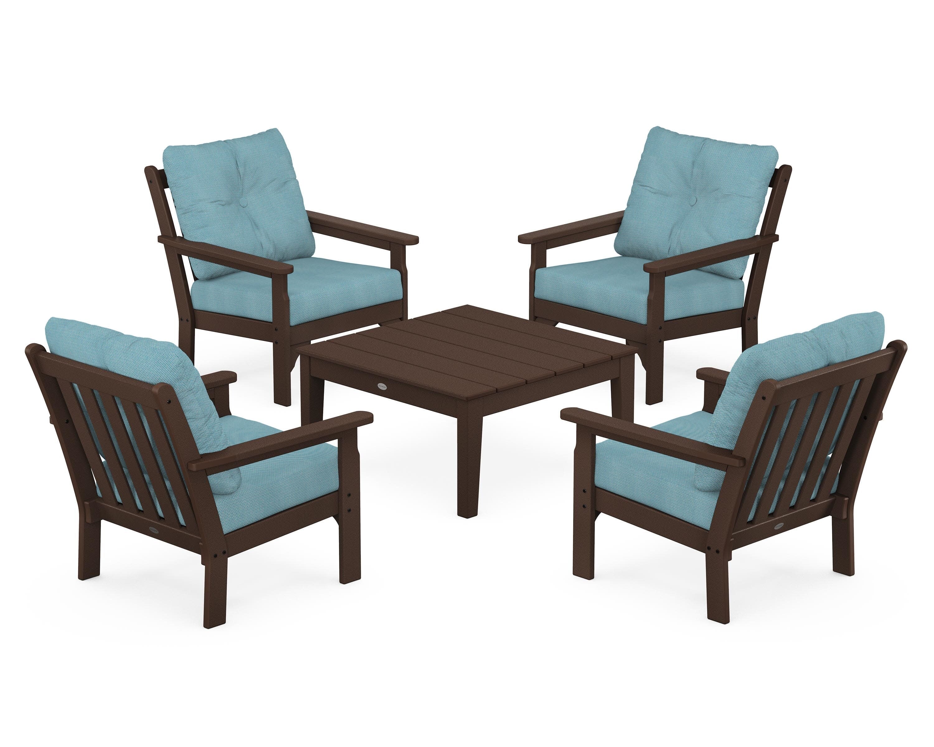 Vineyard 5-Piece Deep Seating Conversation Set in Mahogany / Lattice Sky Blue