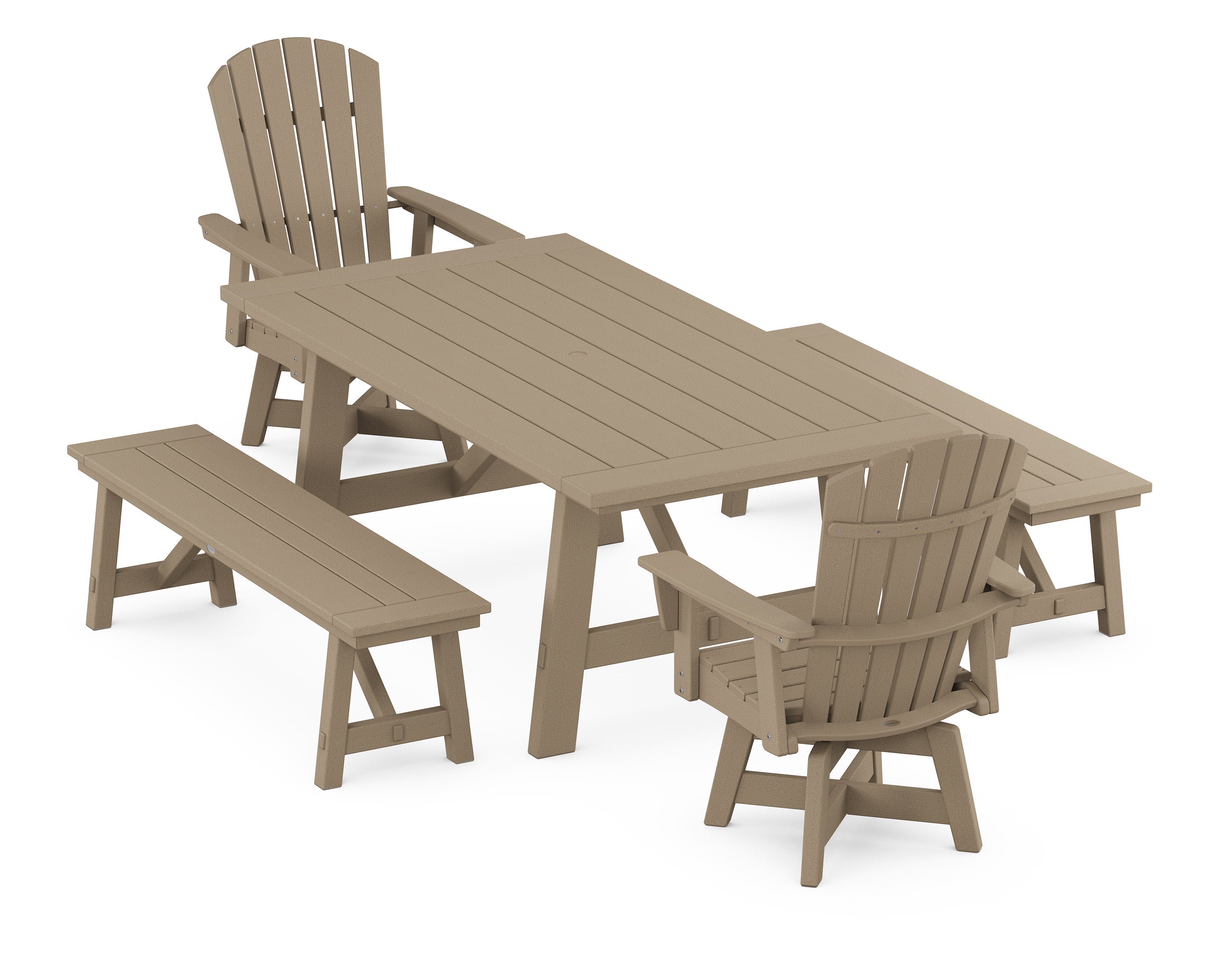 Nautical Curveback Adirondack Swivel Chair 5-Piece Rustic Farmhouse Dining Set With Benches in Vintage Sahara