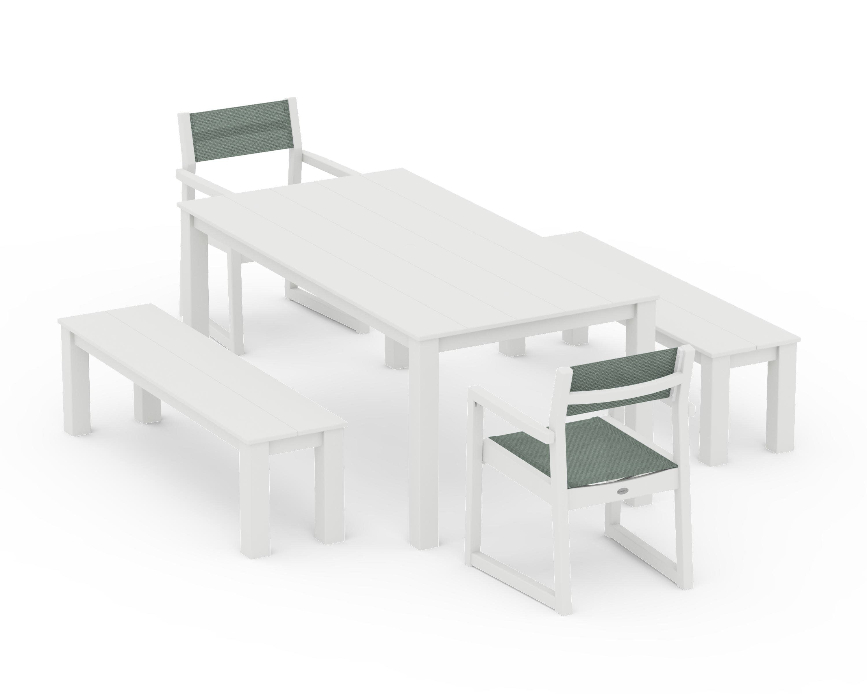 EDGE Sling Arm Chair 5-Piece Parsons Dining Set with Benches in Vintage White / Dupioni Sea Mist Sling