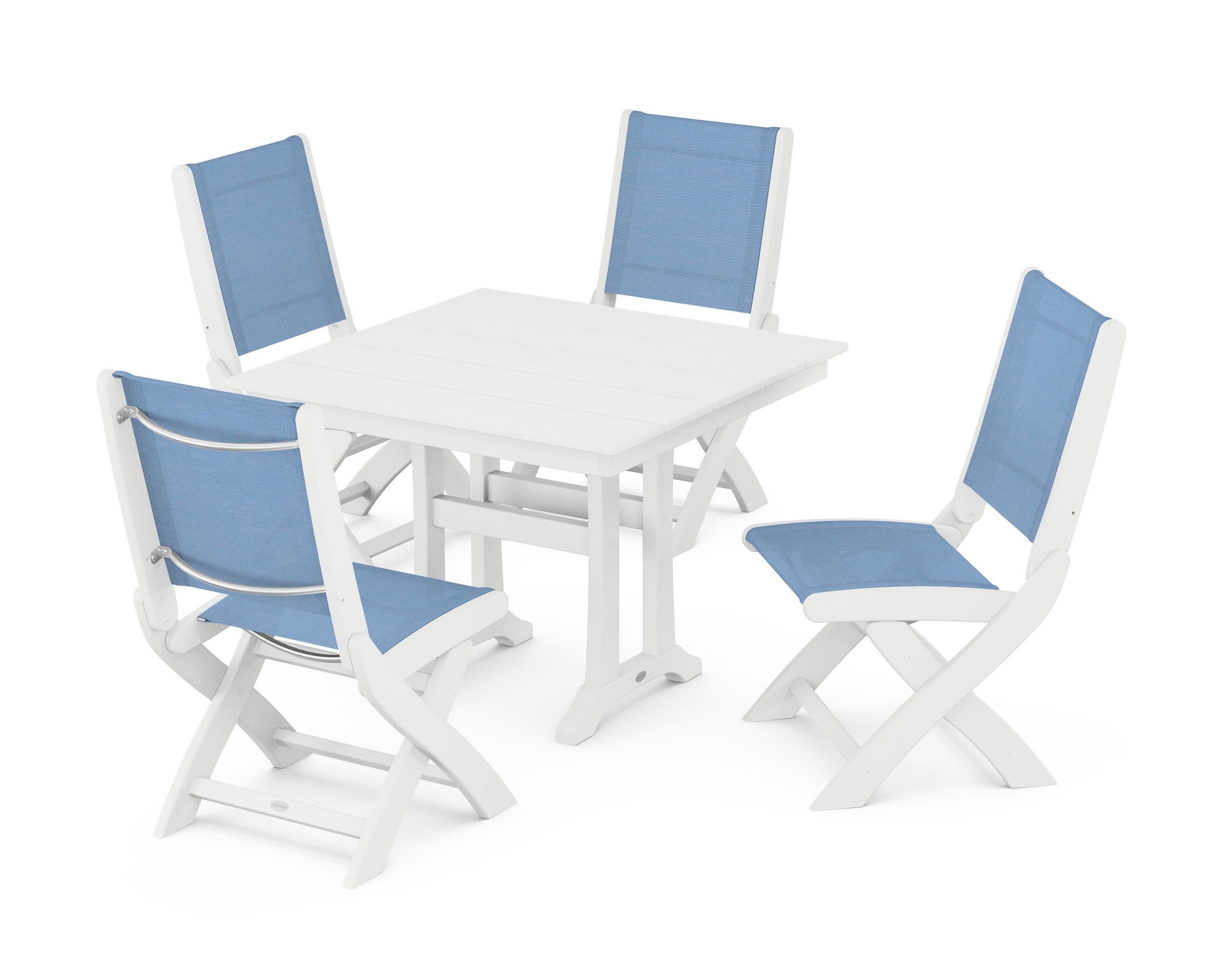 Coastal Folding Side Chair 5-Piece Farmhouse Dining Set With Trestle Legs in White / Poolside Sling