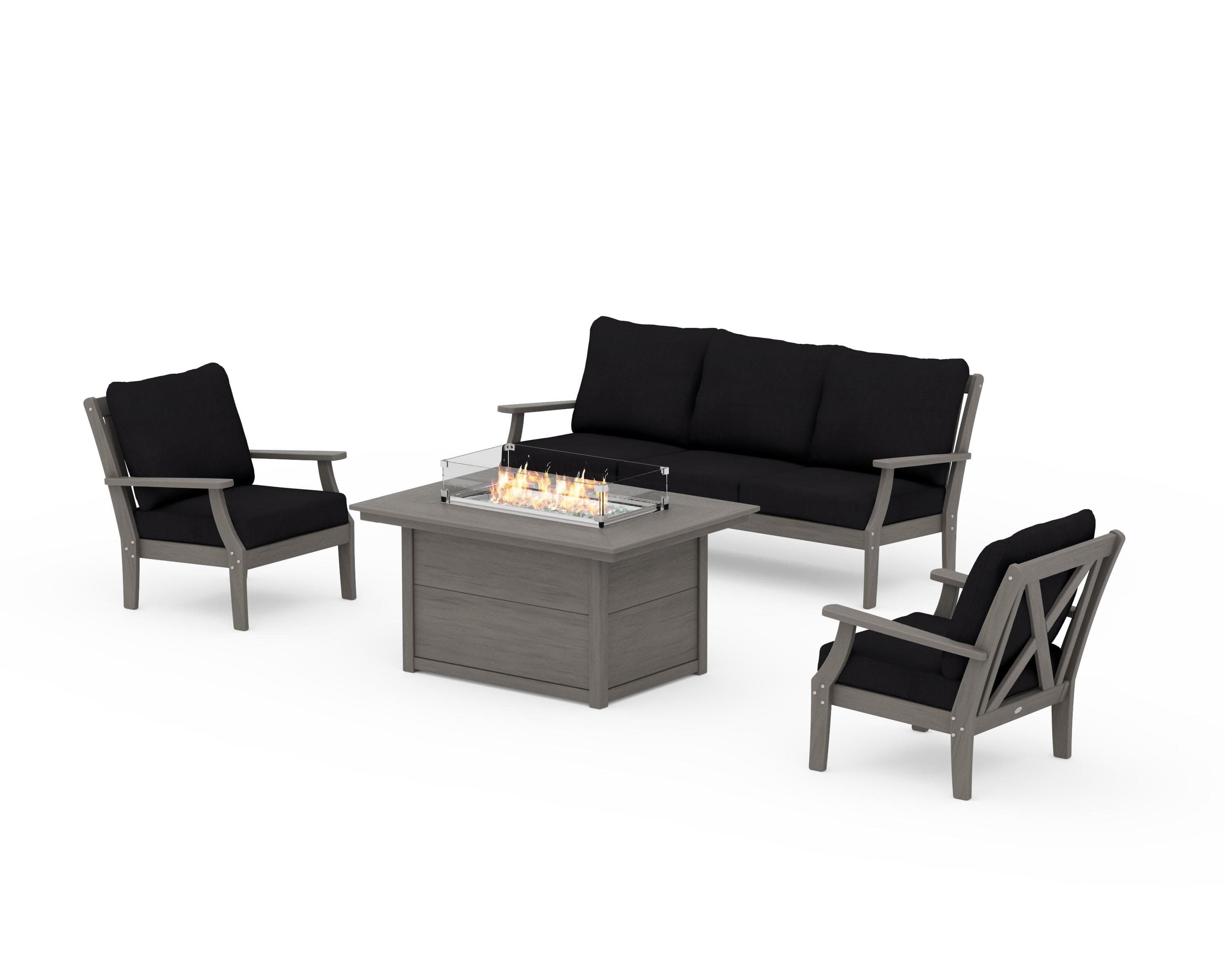 Braxton Deep Seating Fire Pit Table Set in Driftwood / Midnight Linen