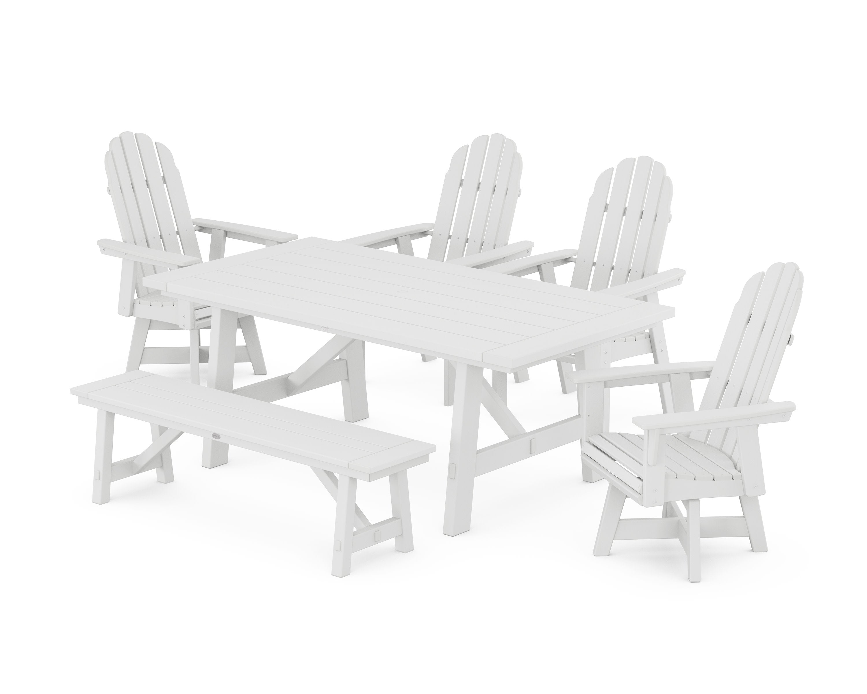 Vineyard Curveback Adirondack Swivel Chair 6-Piece Rustic Farmhouse Dining Set With Bench in White