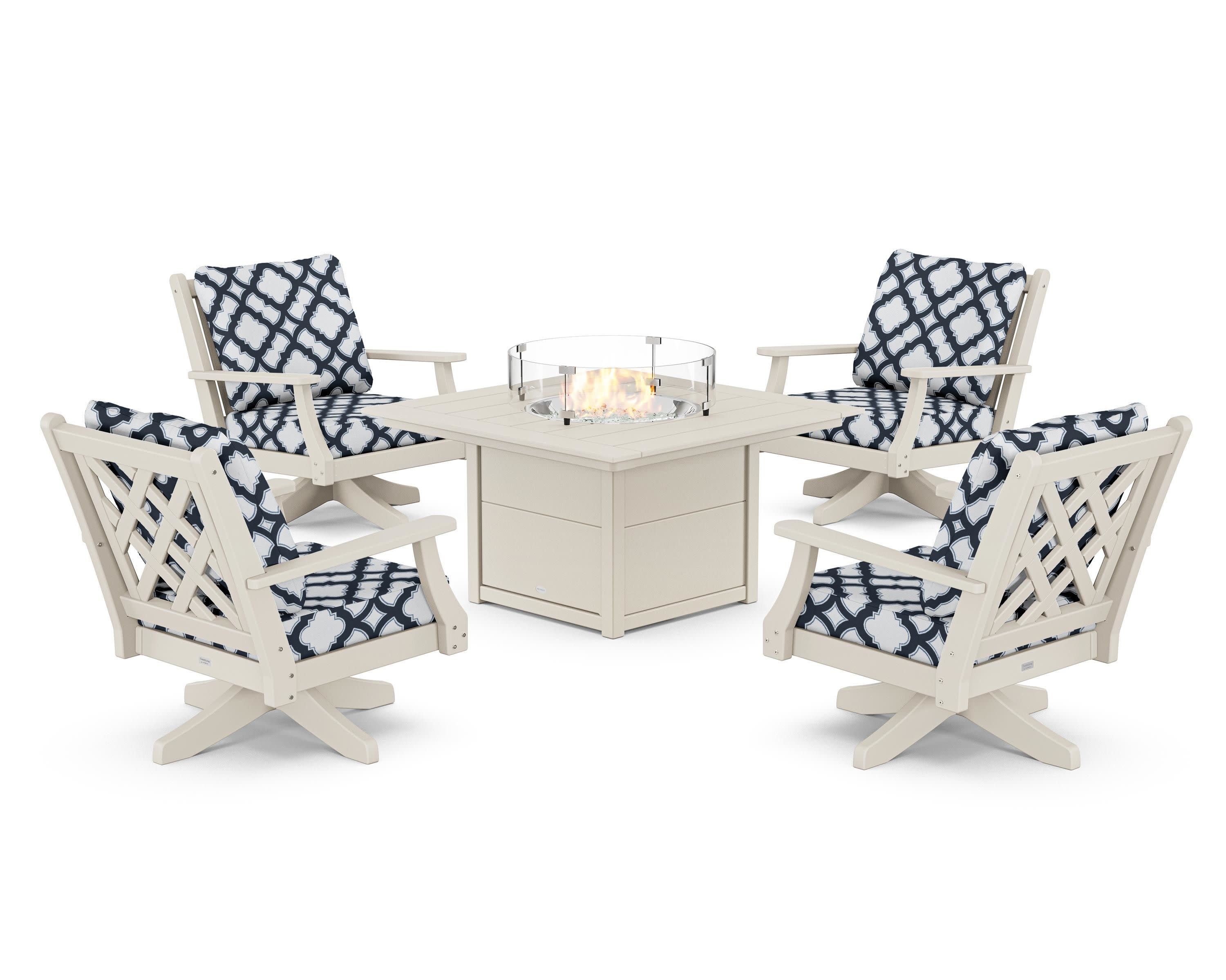 Wovendale 5-Piece Deep Seating Swivel Conversation Set with Fire Pit Table in Sand / Trellis Marine Indigo