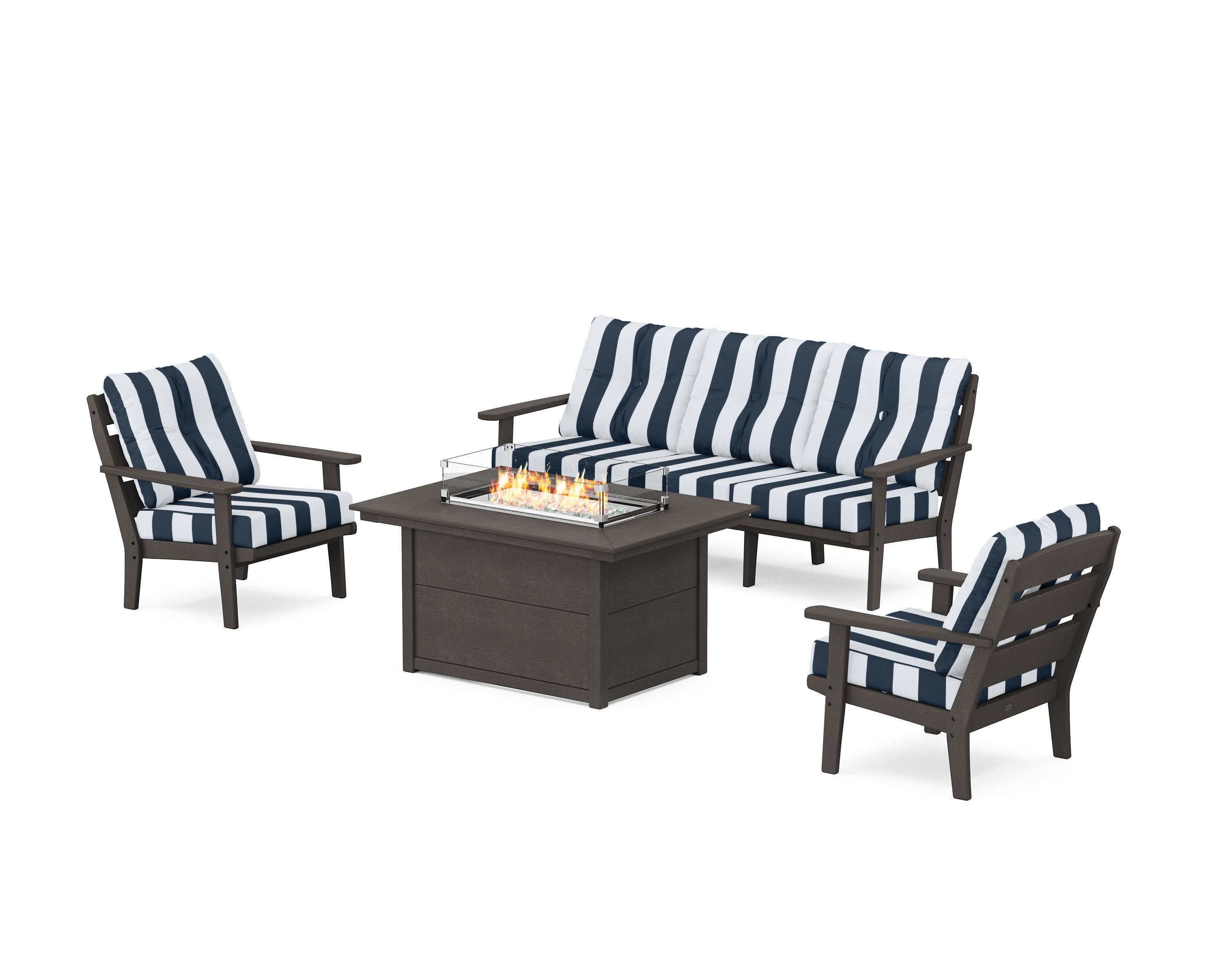 Lakeside Deep Seating Fire Pit Table Set in Vintage Coffee / Cabana Stripe Marine Indigo