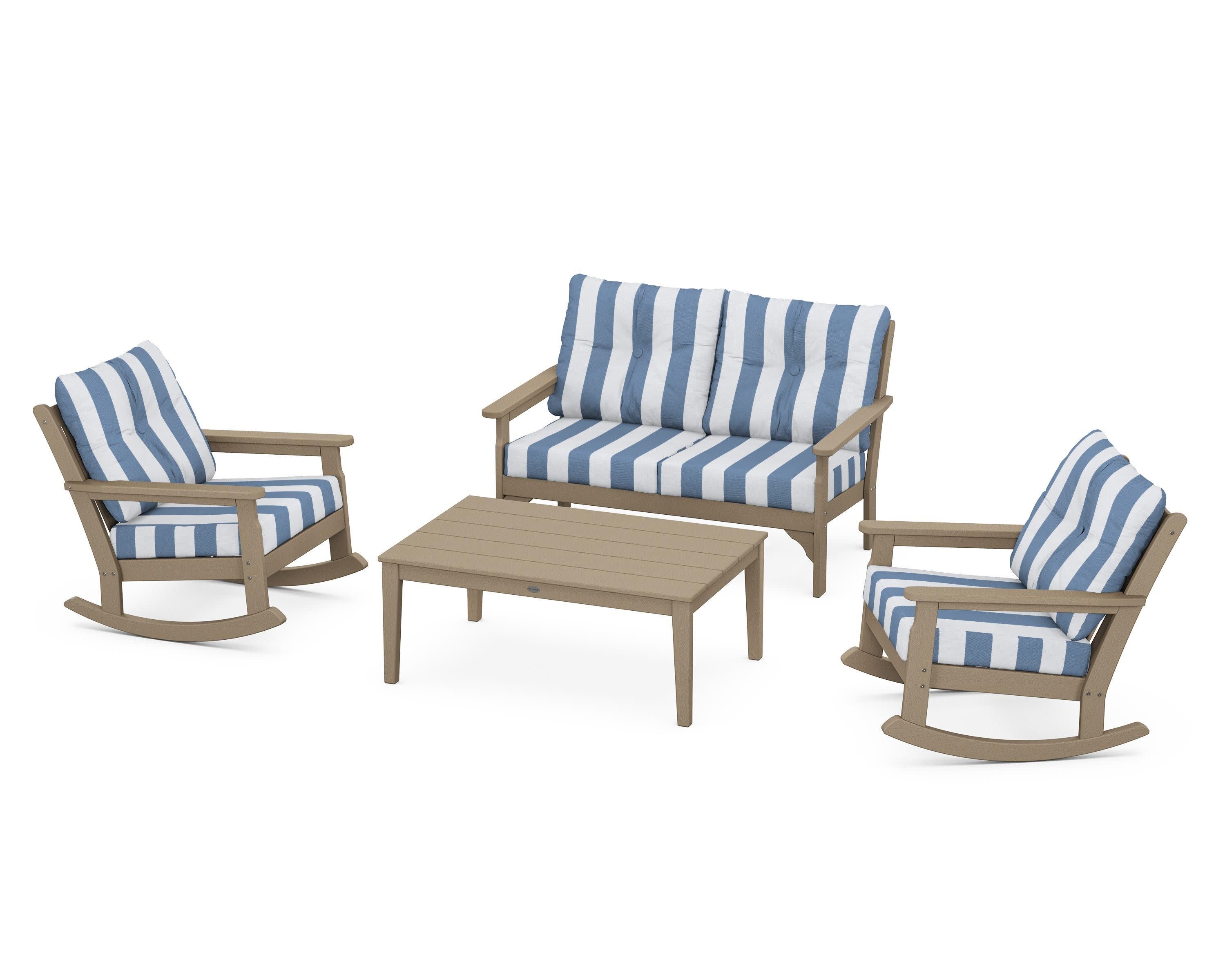 Vineyard 4-Piece Deep Seating Rocking Chair Set in Vintage Sahara / Cabana Stripe Sky Blue