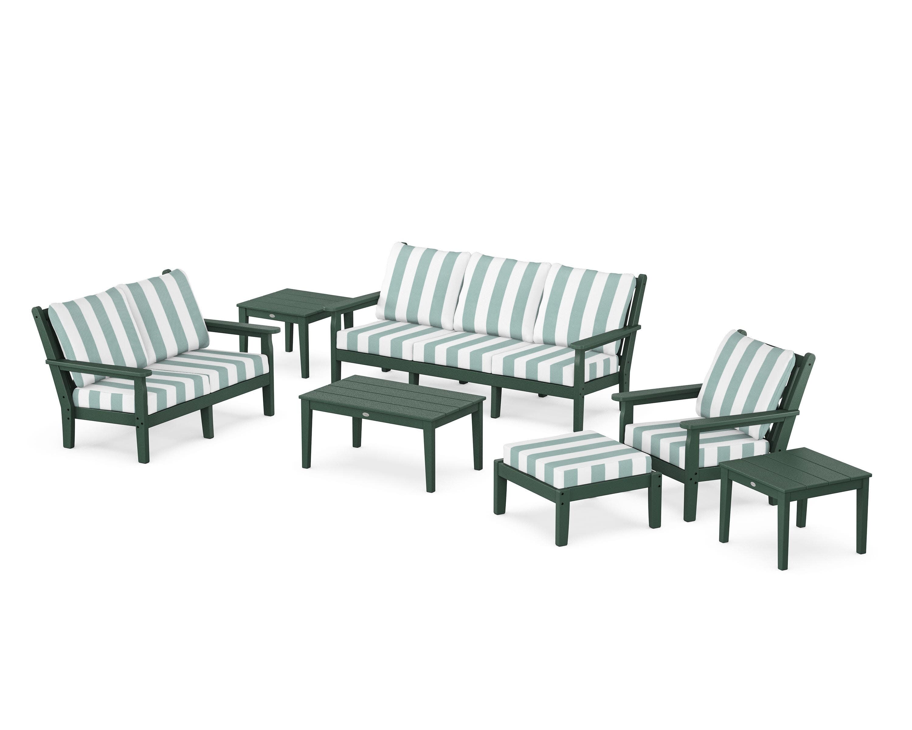 Chippendale 7-Piece Deep Seating Set in Green / Cabana Stripe Glacier Spa