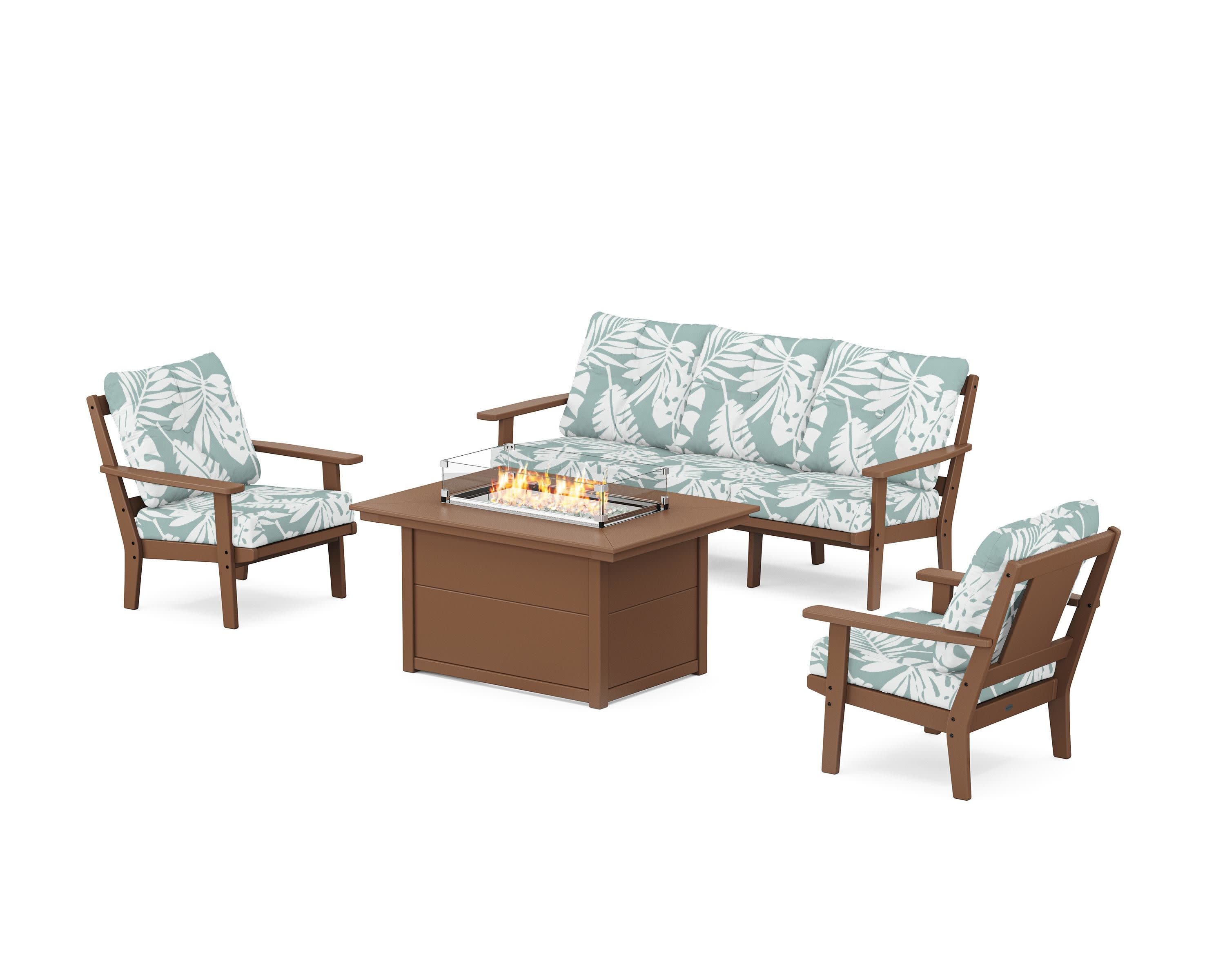 Prairie Deep Seating Fire Pit Table Set in Teak / Leaf Glacier Spa