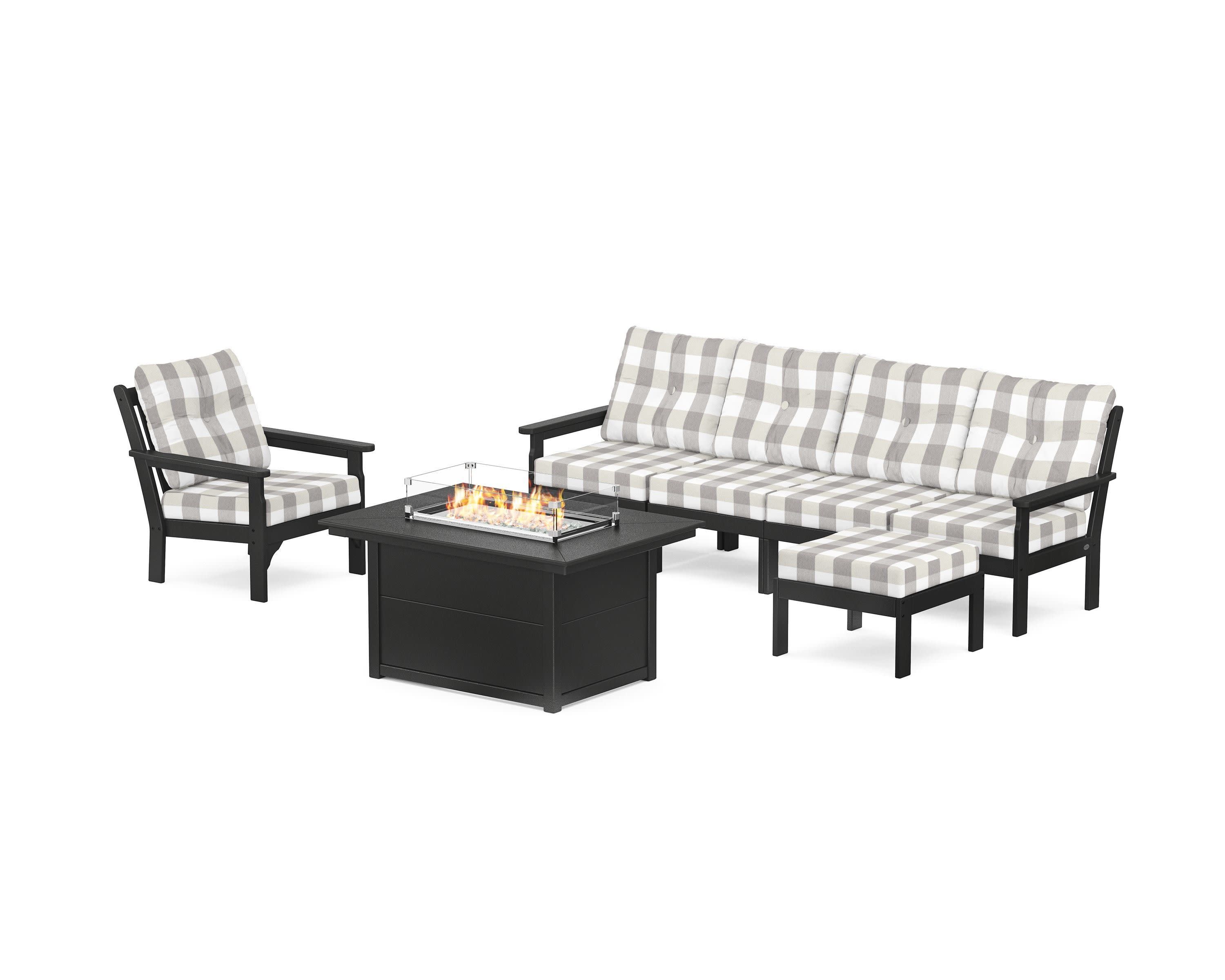 Vineyard Sectional Lounge and Fire Pit Set in Black / Buffalo Plaid Grey Mist