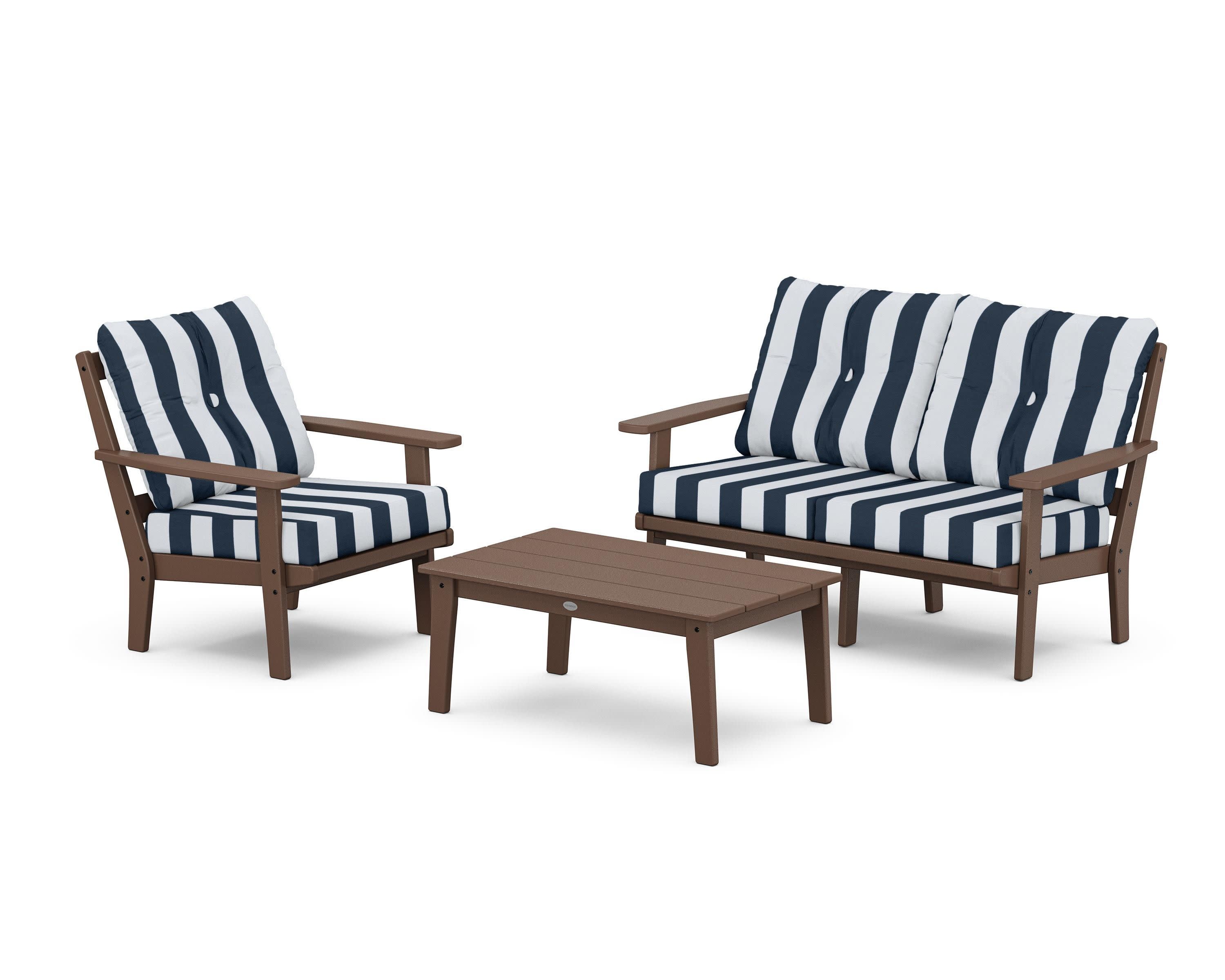 Oxford 3-Piece Deep Seating Set with Loveseat in Mahogany / Cabana Stripe Marine Indigo