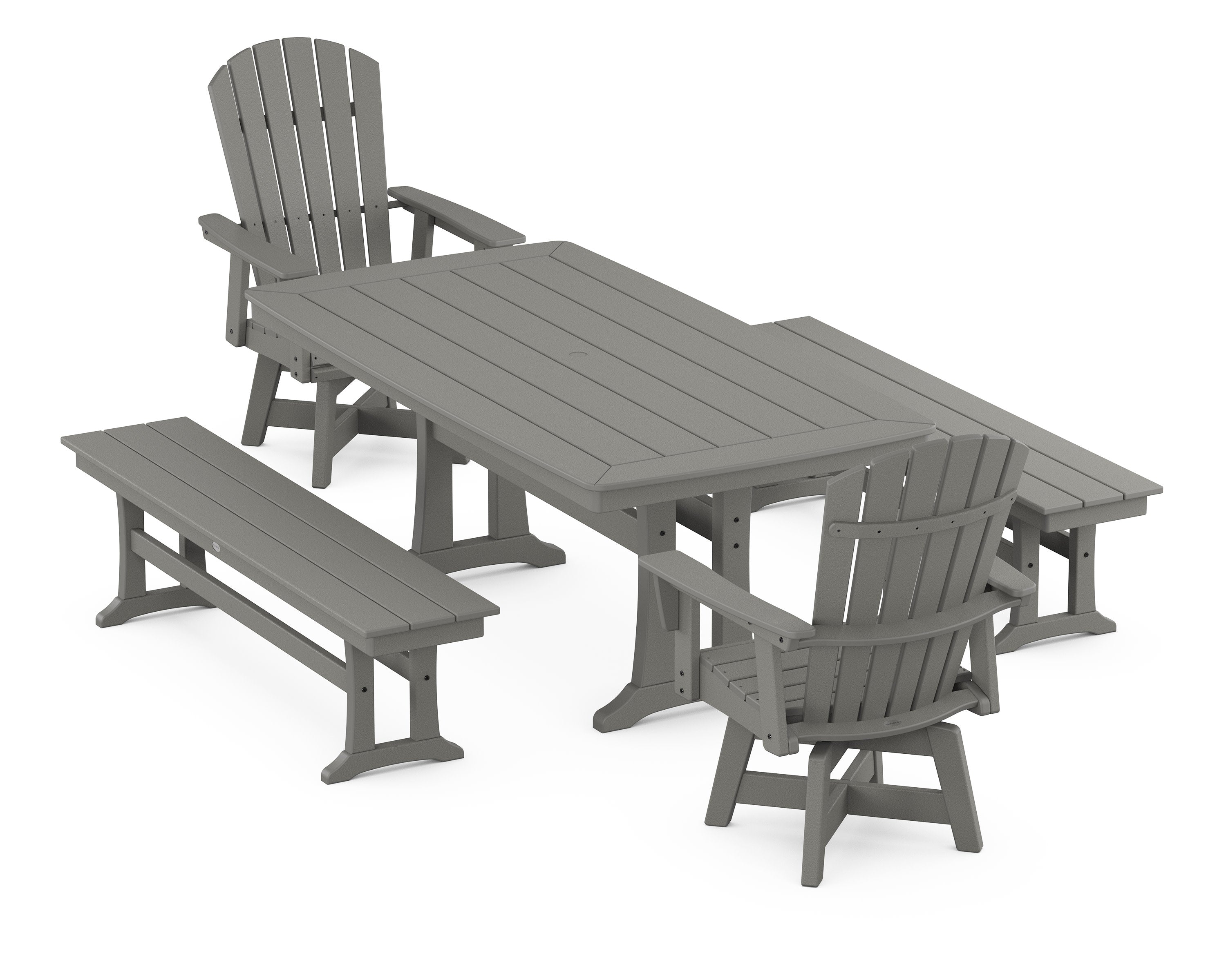 Nautical Curveback Adirondack Swivel Chair 5-Piece Dining Set with Trestle Legs and Benches in Slate Grey