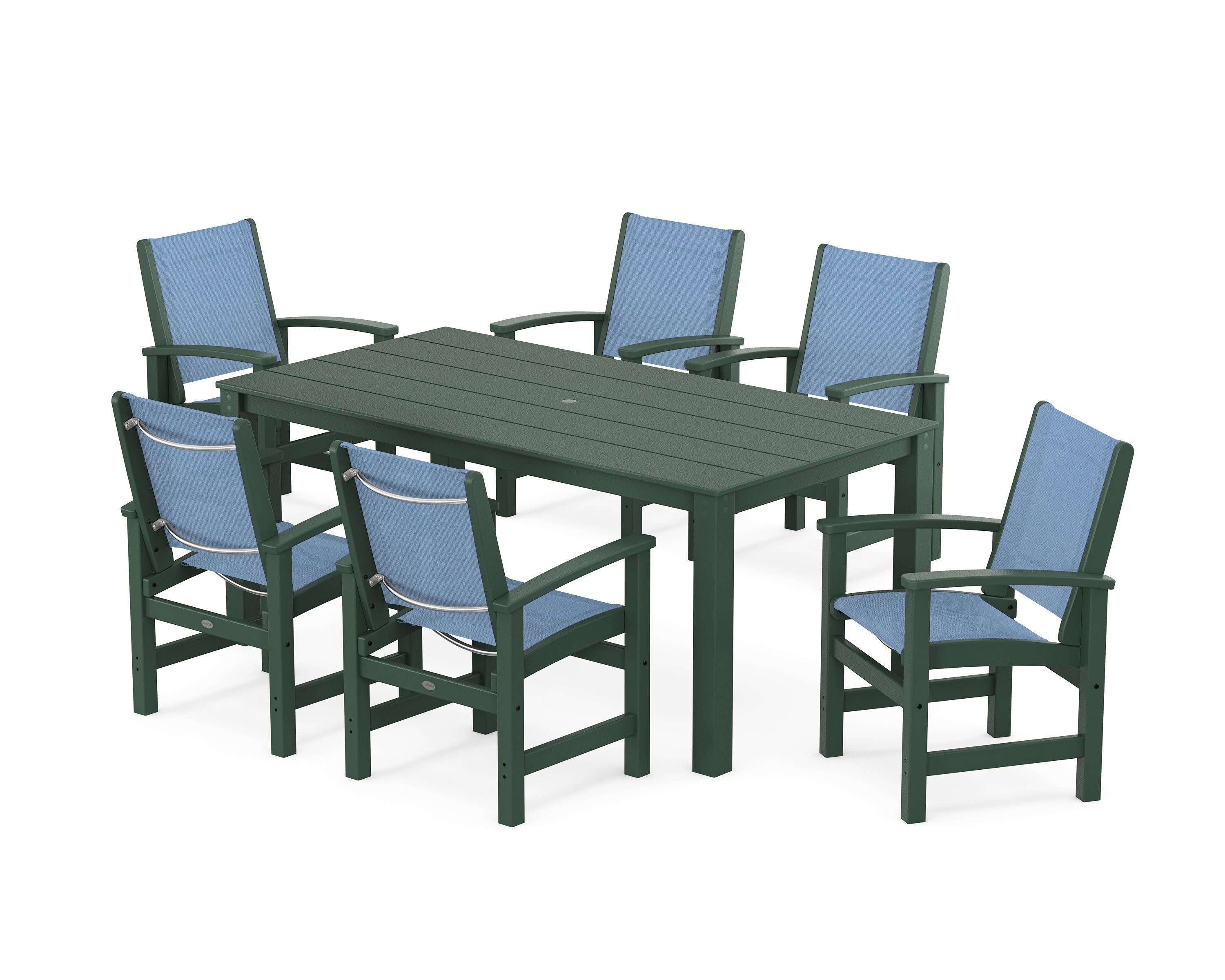 Coastal 7-Piece Parsons Dining Set in Green / Poolside Sling