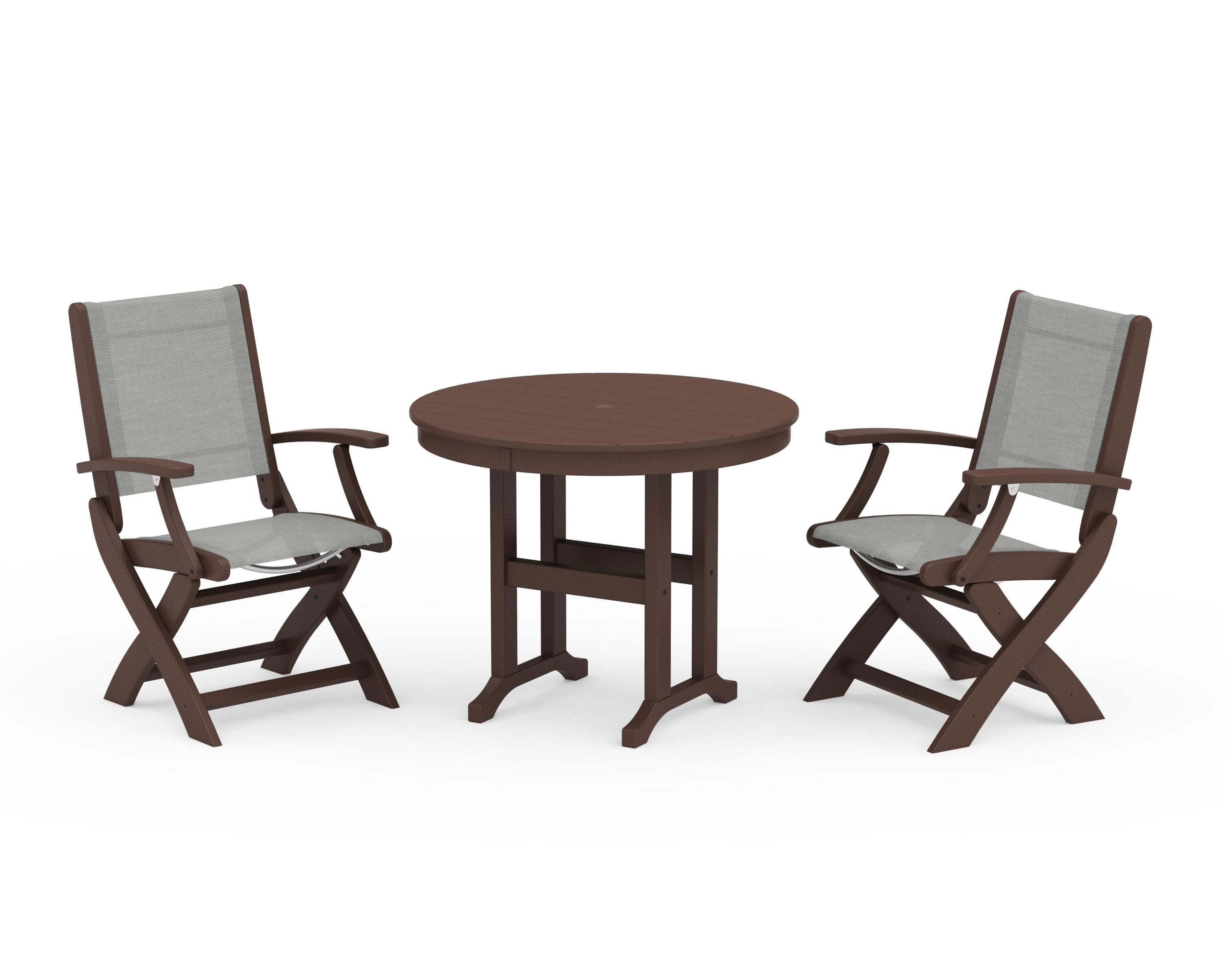 Coastal Folding Chair 3-Piece Round Dining Set in Mahogany / Metallic Sling