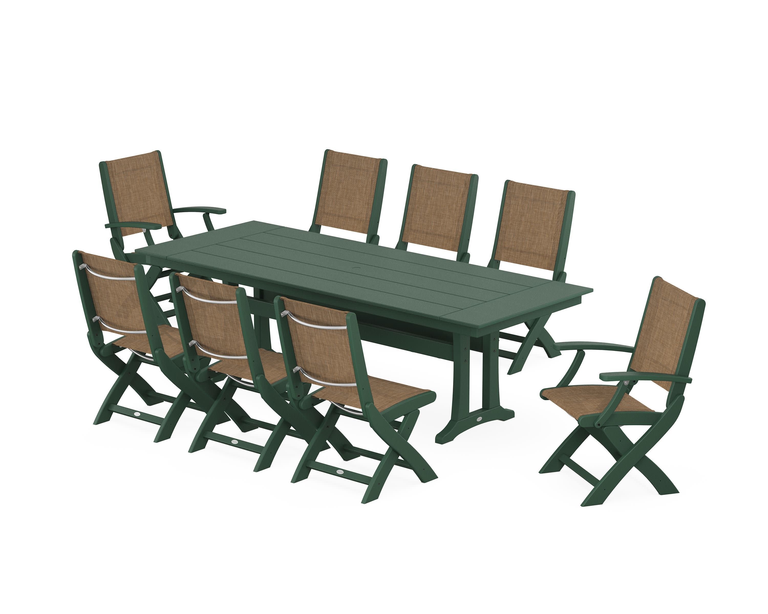 Coastal 9-Piece Folding Dining Chair Farmhouse Dining Set with Trestle Legs in Green / Burlap Sling
