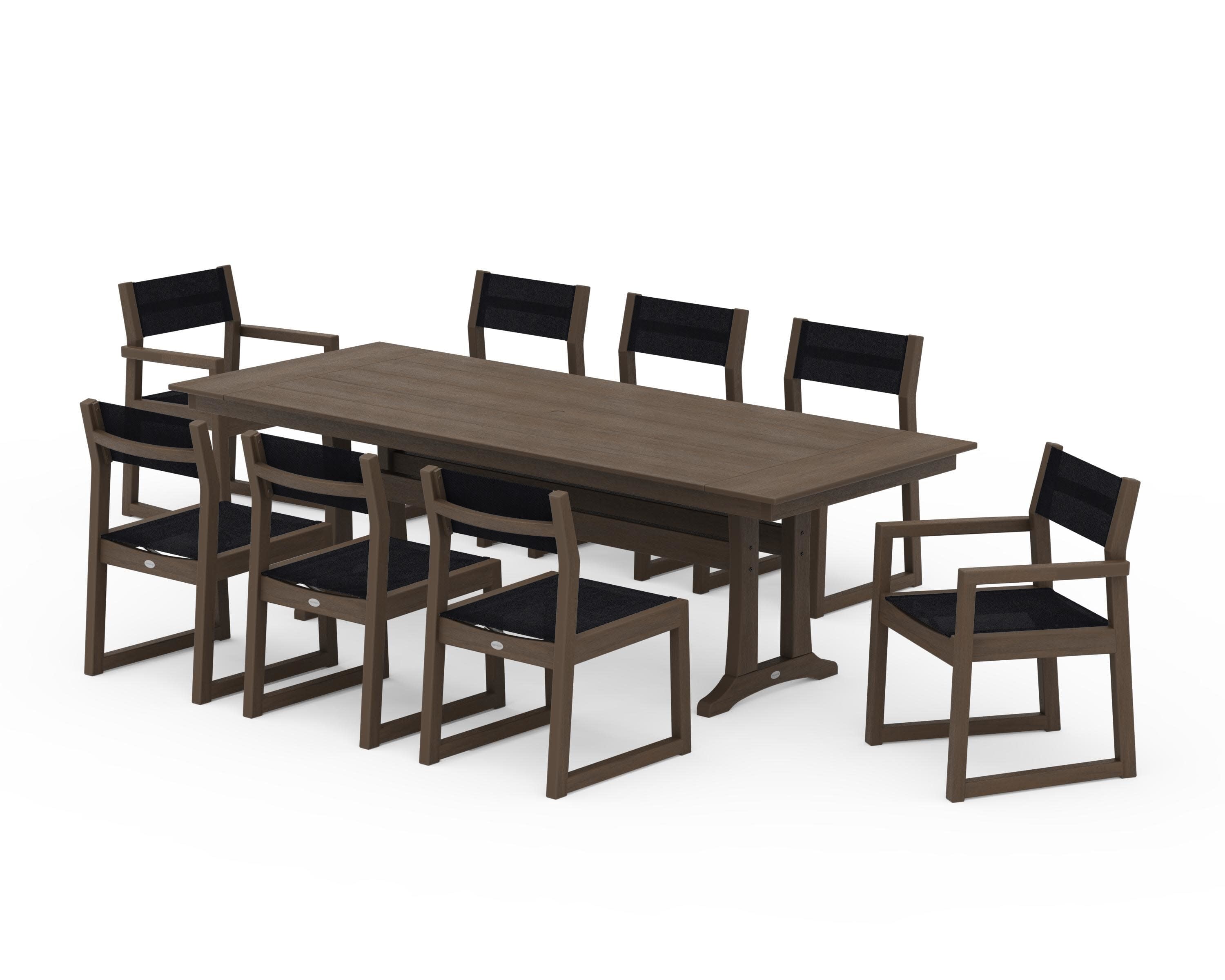 EDGE Sling 9-Piece Farmhouse Trestle Dining Set in Kona / Black Sling