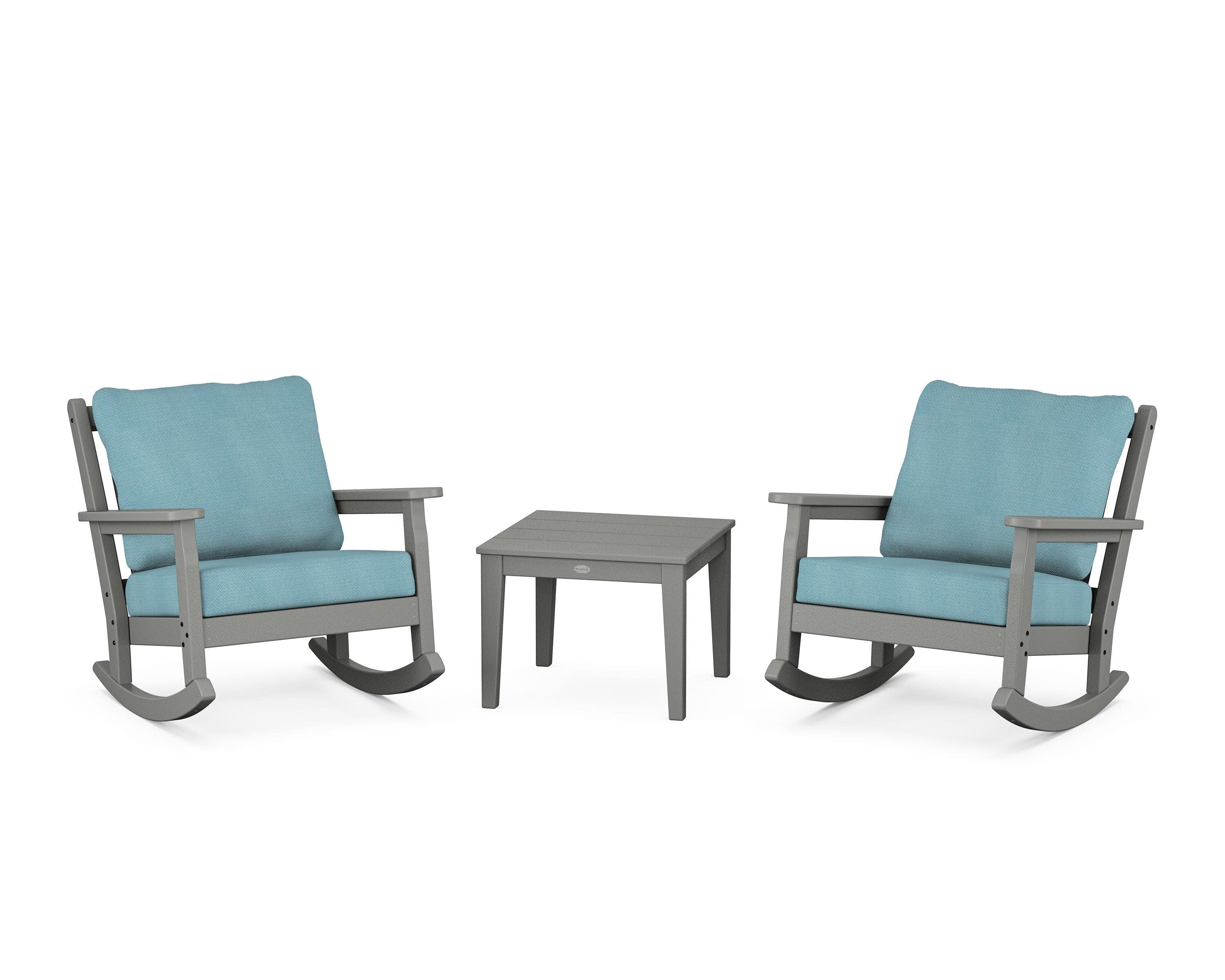 Chippendale 3-Piece Deep Seating Rocker Set in Slate Grey / Lattice Sky Blue